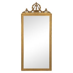 French Louis XVI Style Tall Gilded Mirror with Swag & Wreath Crest