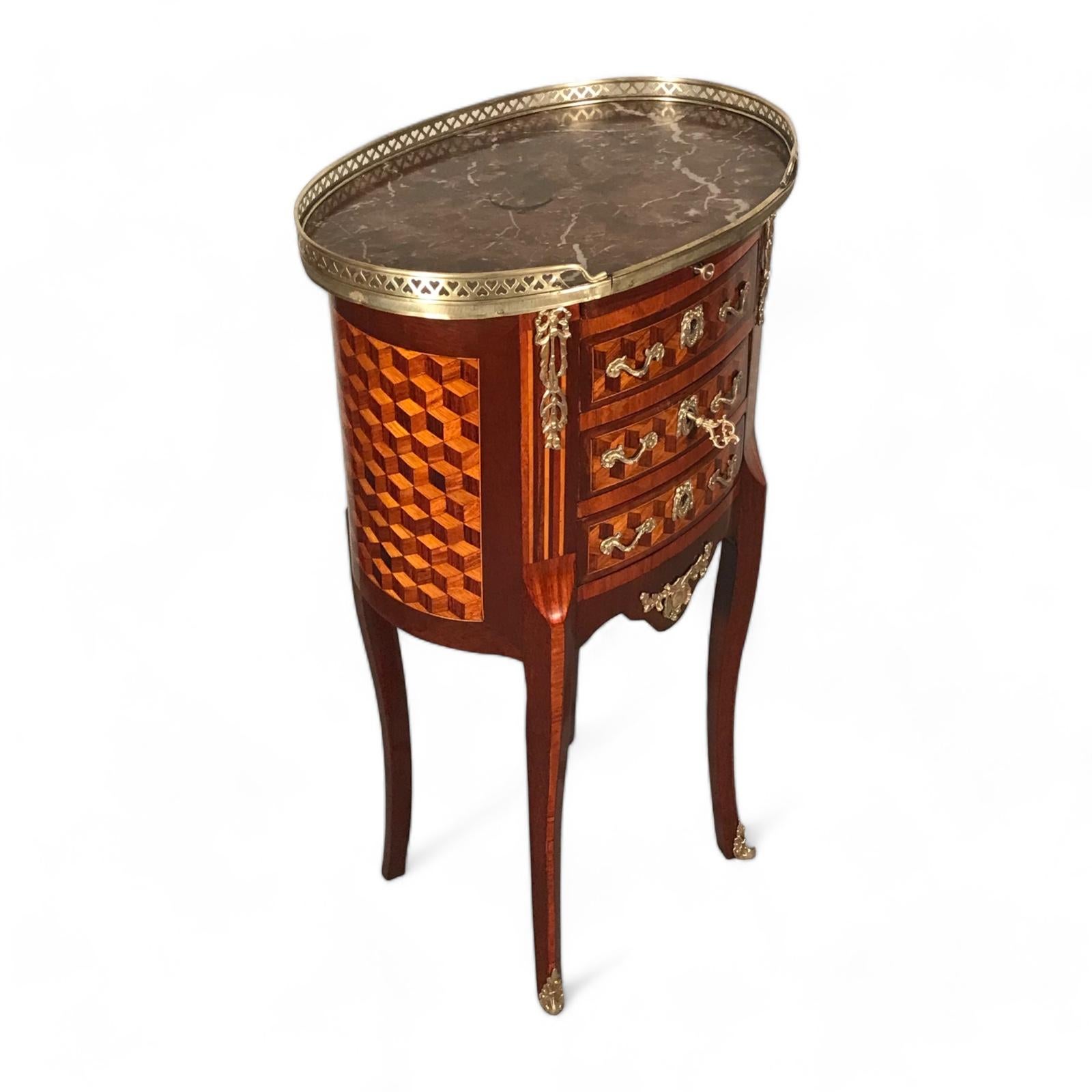 Marquetry  French Louis XVI Style Tambour Side Table For Sale