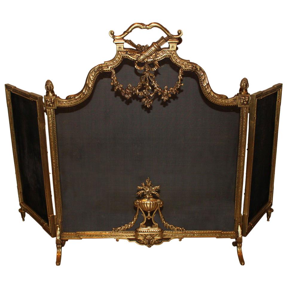 French Louis XVI Style, Three-Panel Bronze Fire Screen
