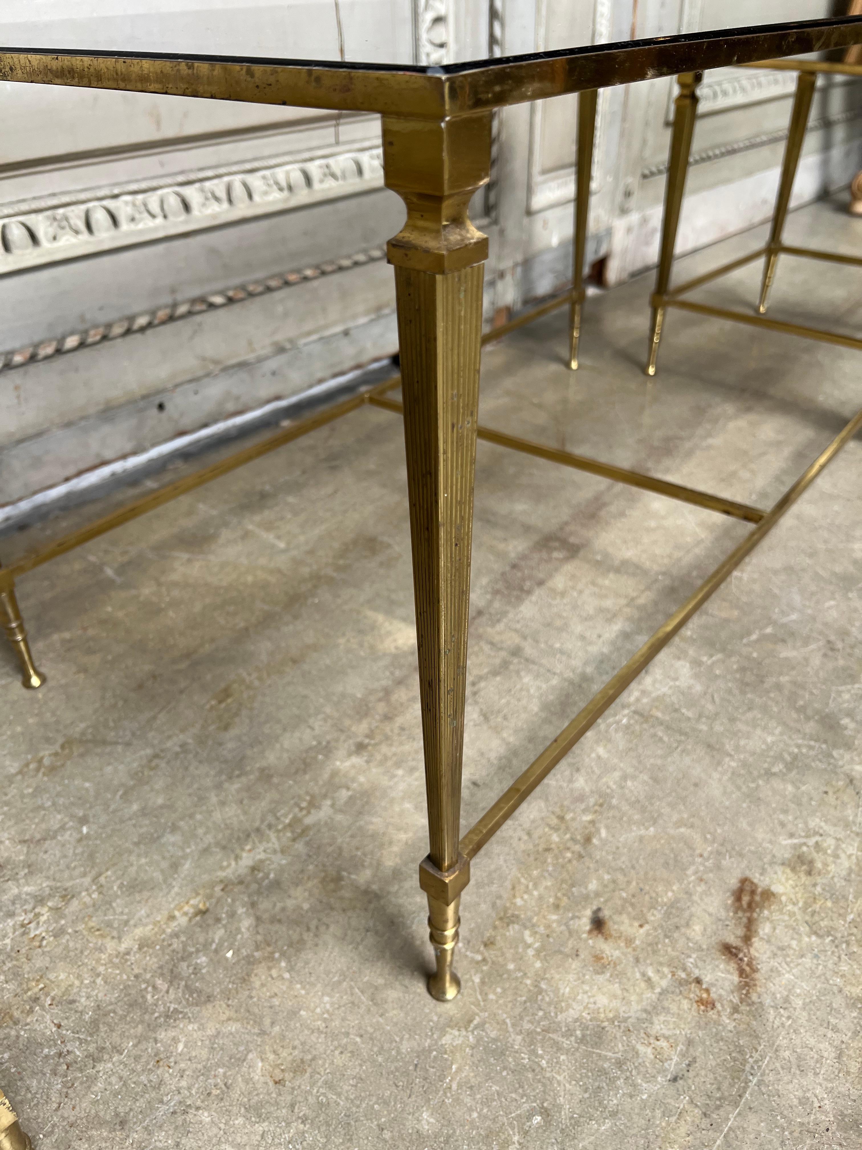 French Louis XVI Style Three Piece Brass and Glass Coffee Table For Sale 5