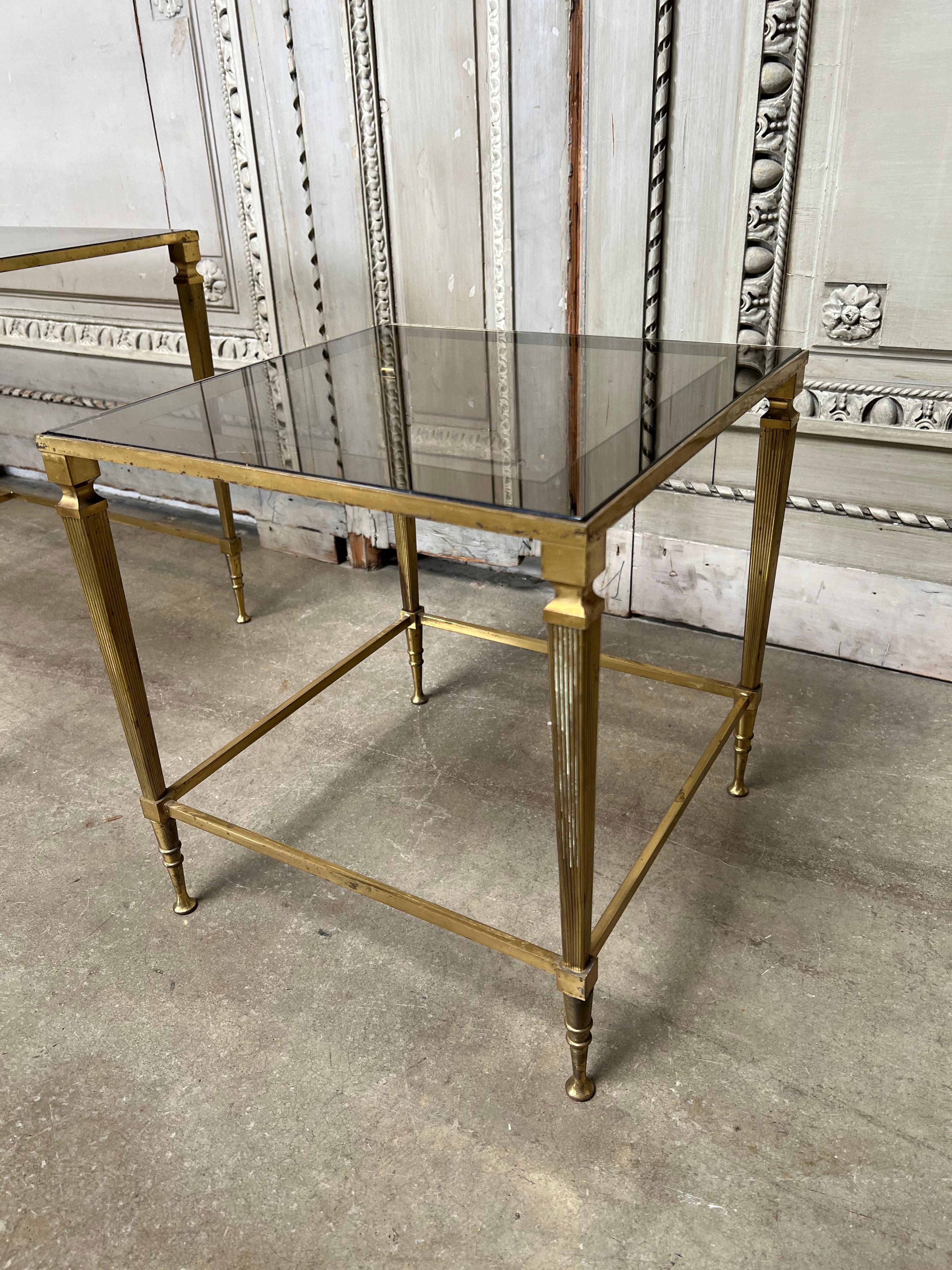 20th Century French Louis XVI Style Three Piece Brass and Glass Coffee Table For Sale