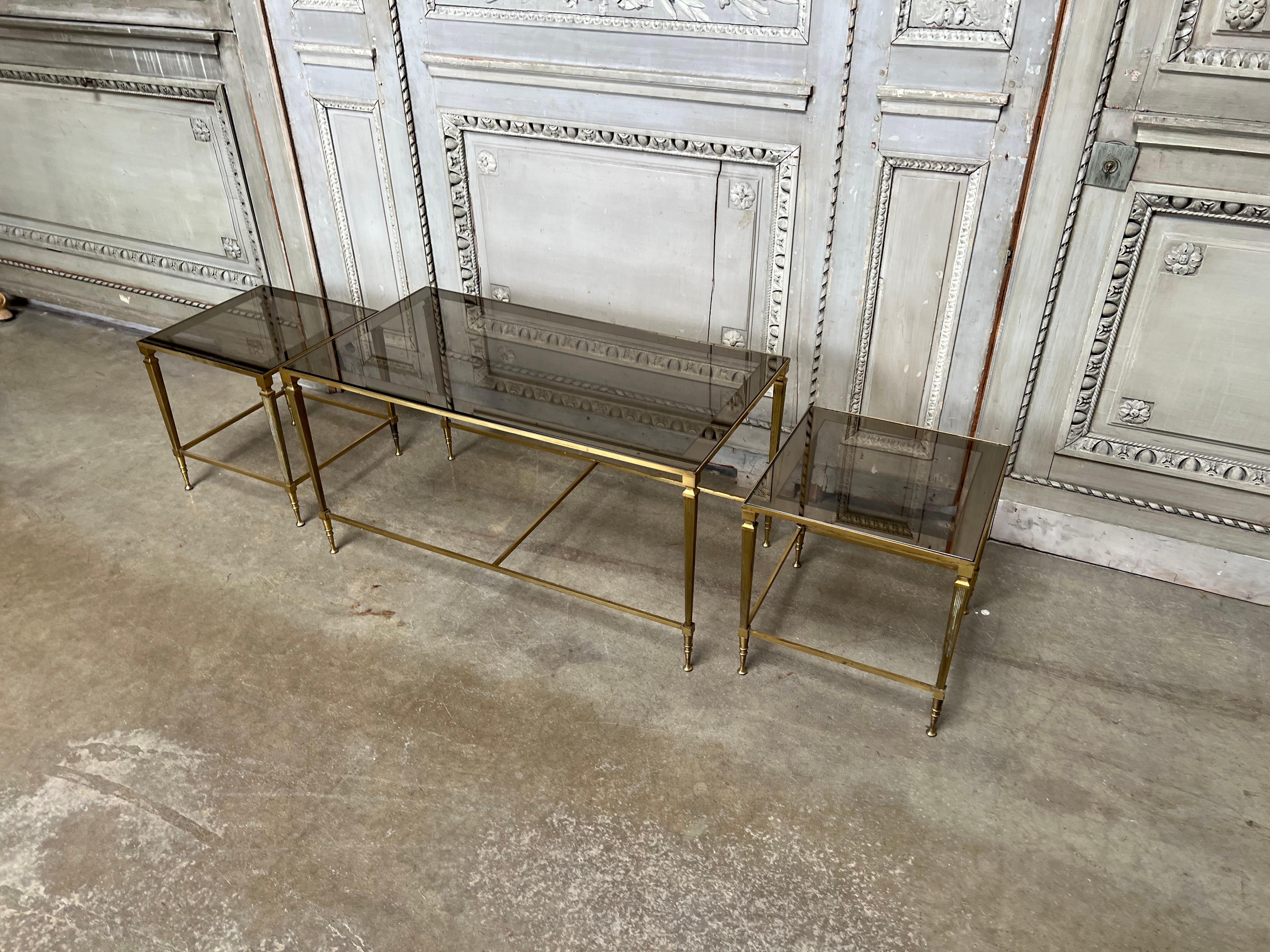 French Louis XVI Style Three Piece Brass and Glass Coffee Table For Sale 1