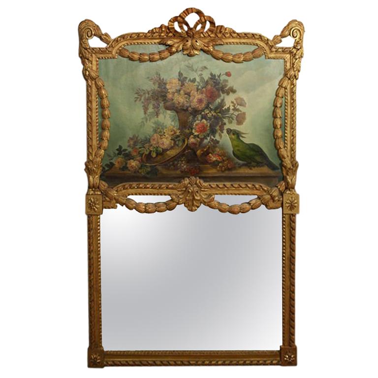 French Louis XVI Style Trumeau Mirror with Painted Floral Bouquet and Parrot