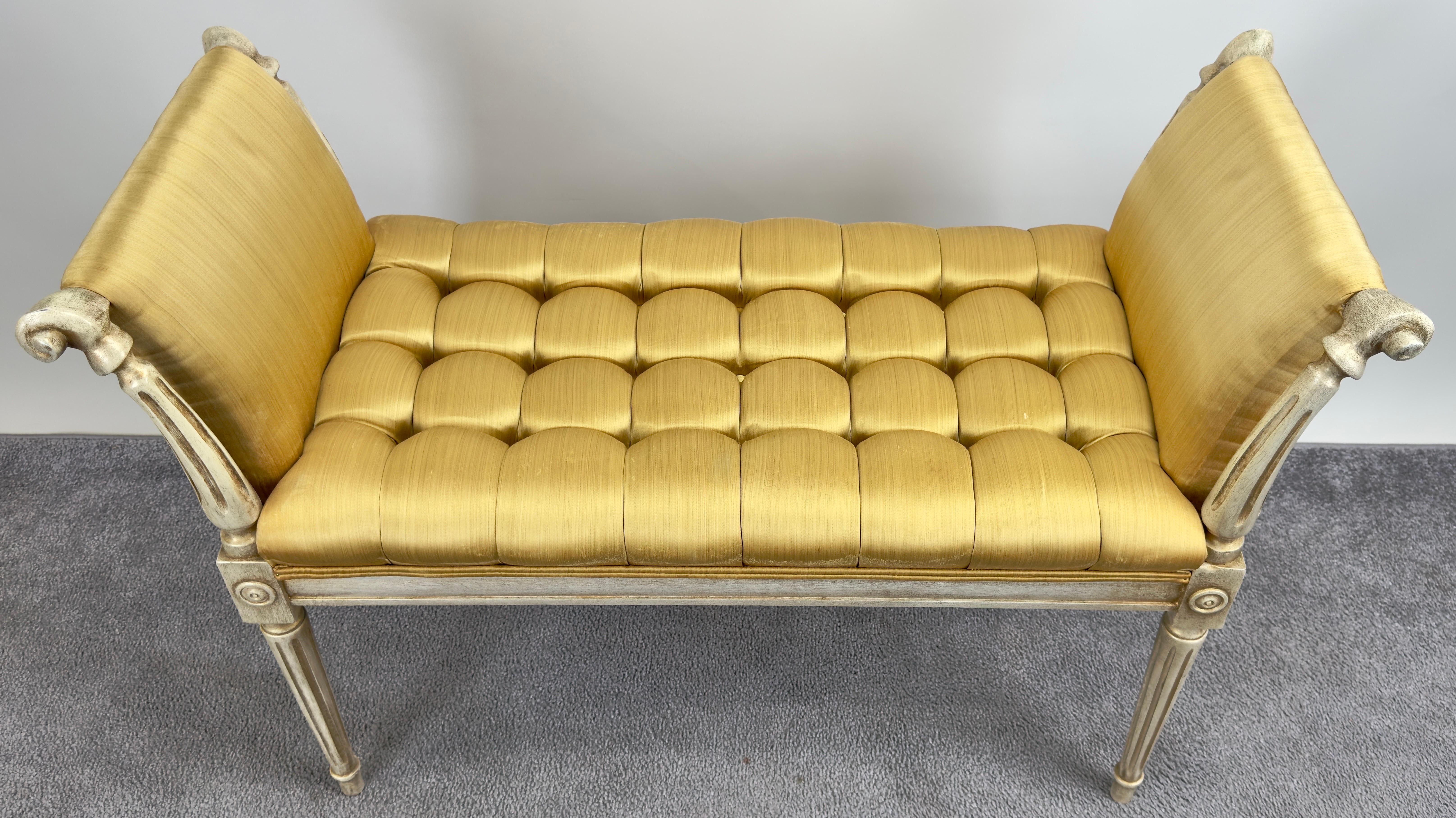 Hand-Painted French Louis XVI Style Tufted Gold Upholstery Window Seat Bench