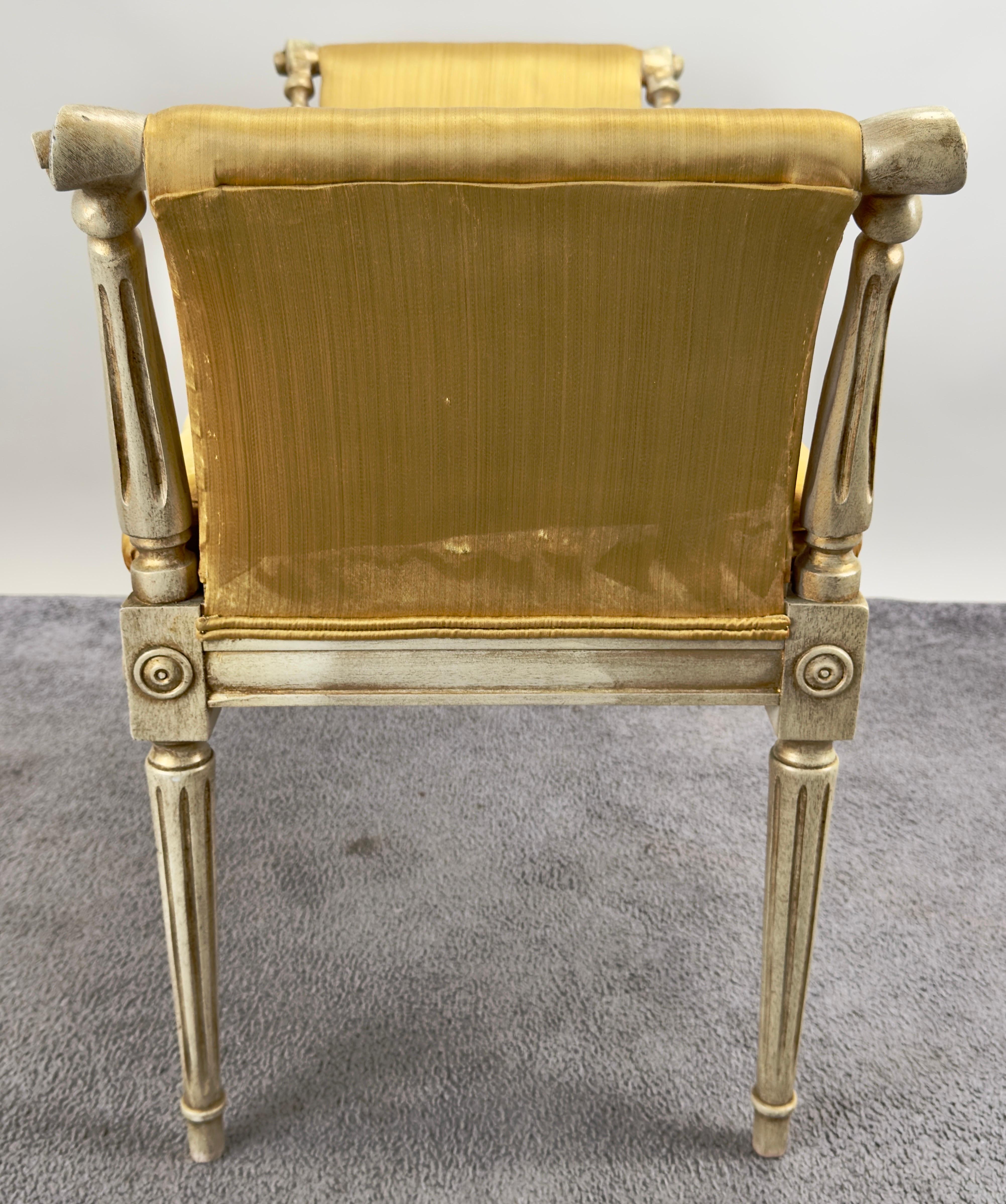 French Louis XVI Style Tufted Gold Upholstery Window Seat Bench In Good Condition In Plainview, NY