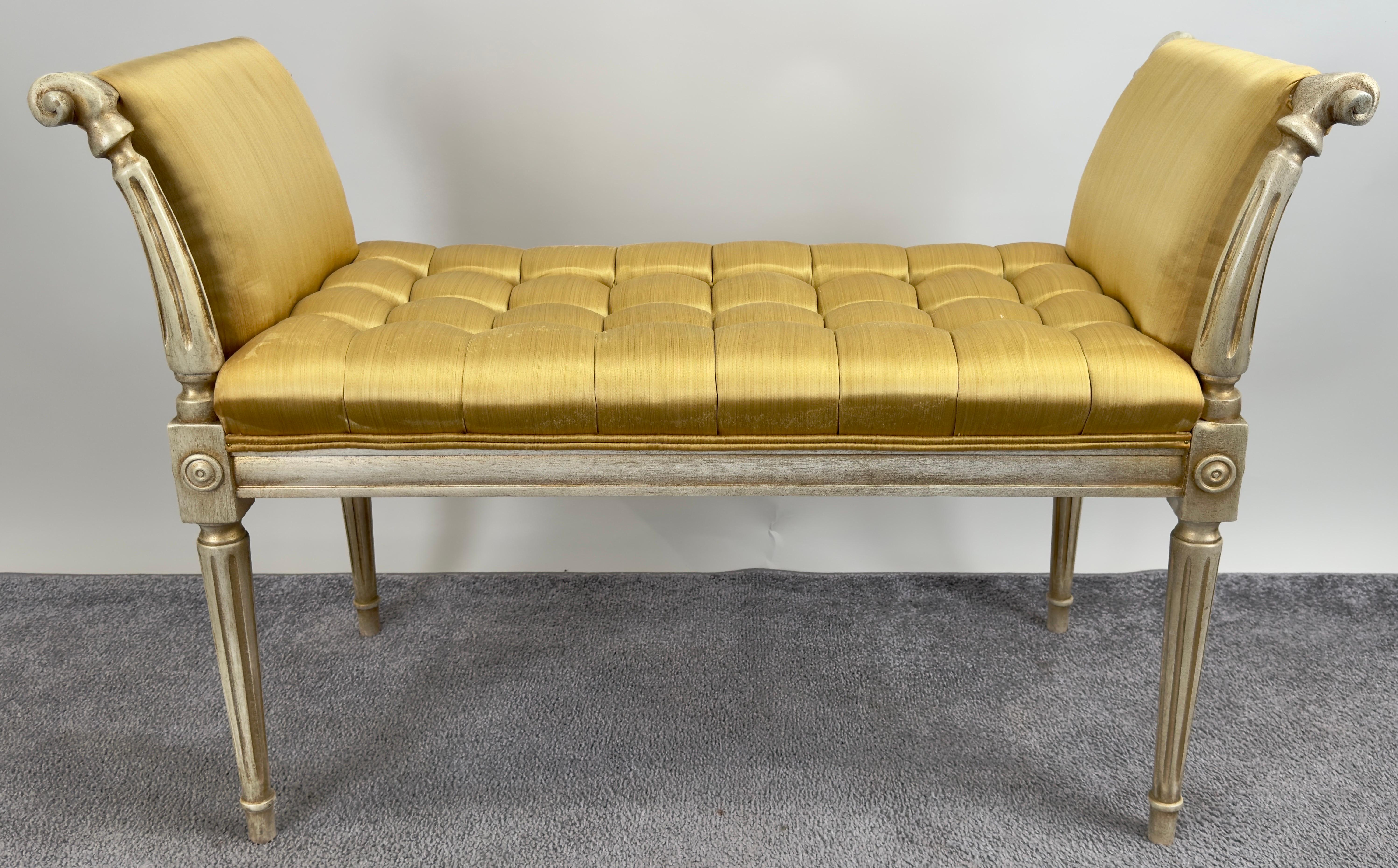20th Century French Louis XVI Style Tufted Gold Upholstery Window Seat Bench