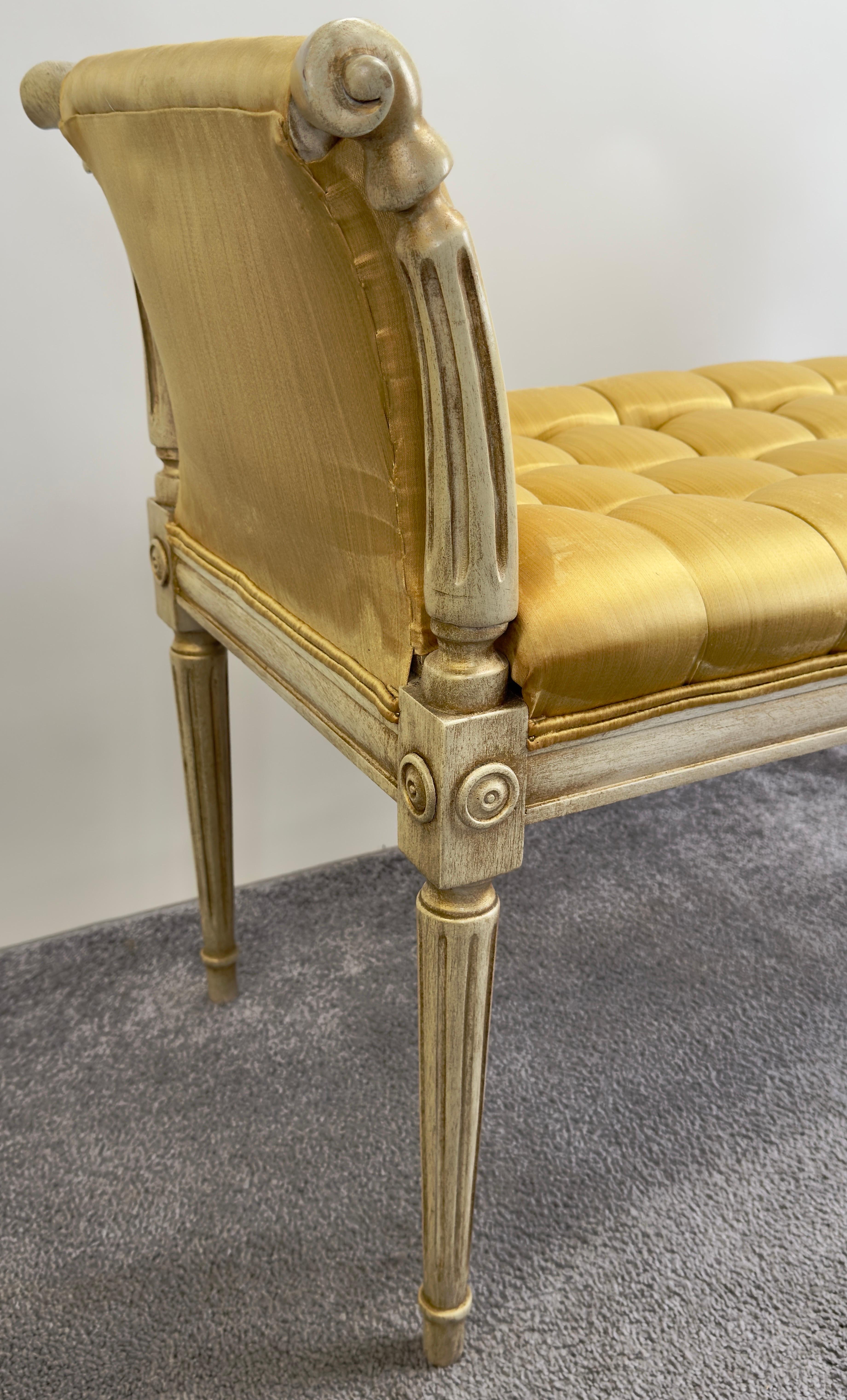 French Louis XVI Style Tufted Gold Upholstery Window Seat Bench 2