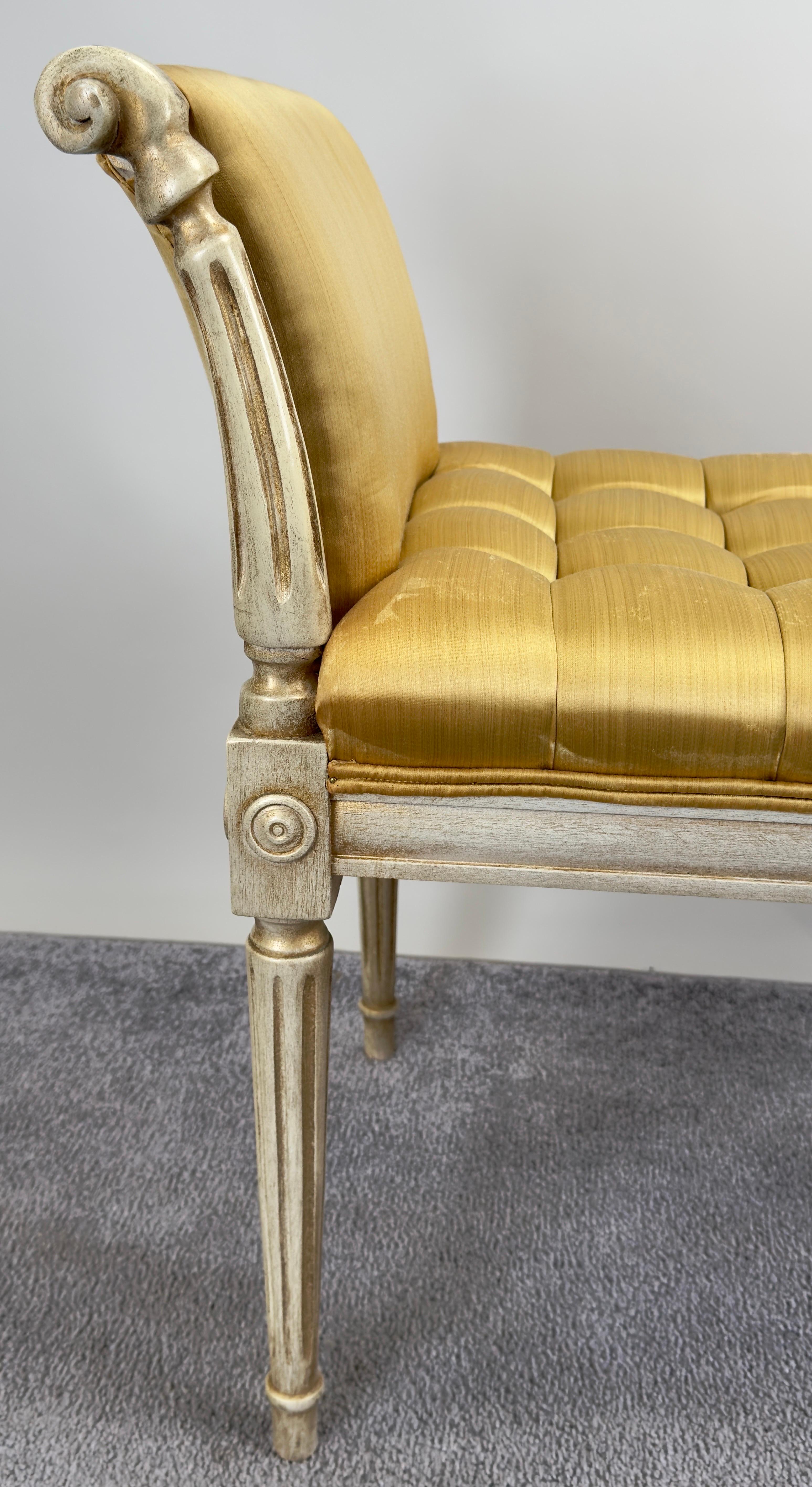French Louis XVI Style Tufted Gold Upholstery Window Seat Bench 3