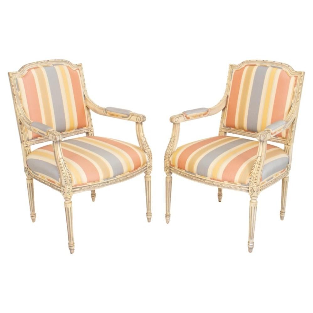 French Louis XVI Style Upholstered Armchair, Pair For Sale