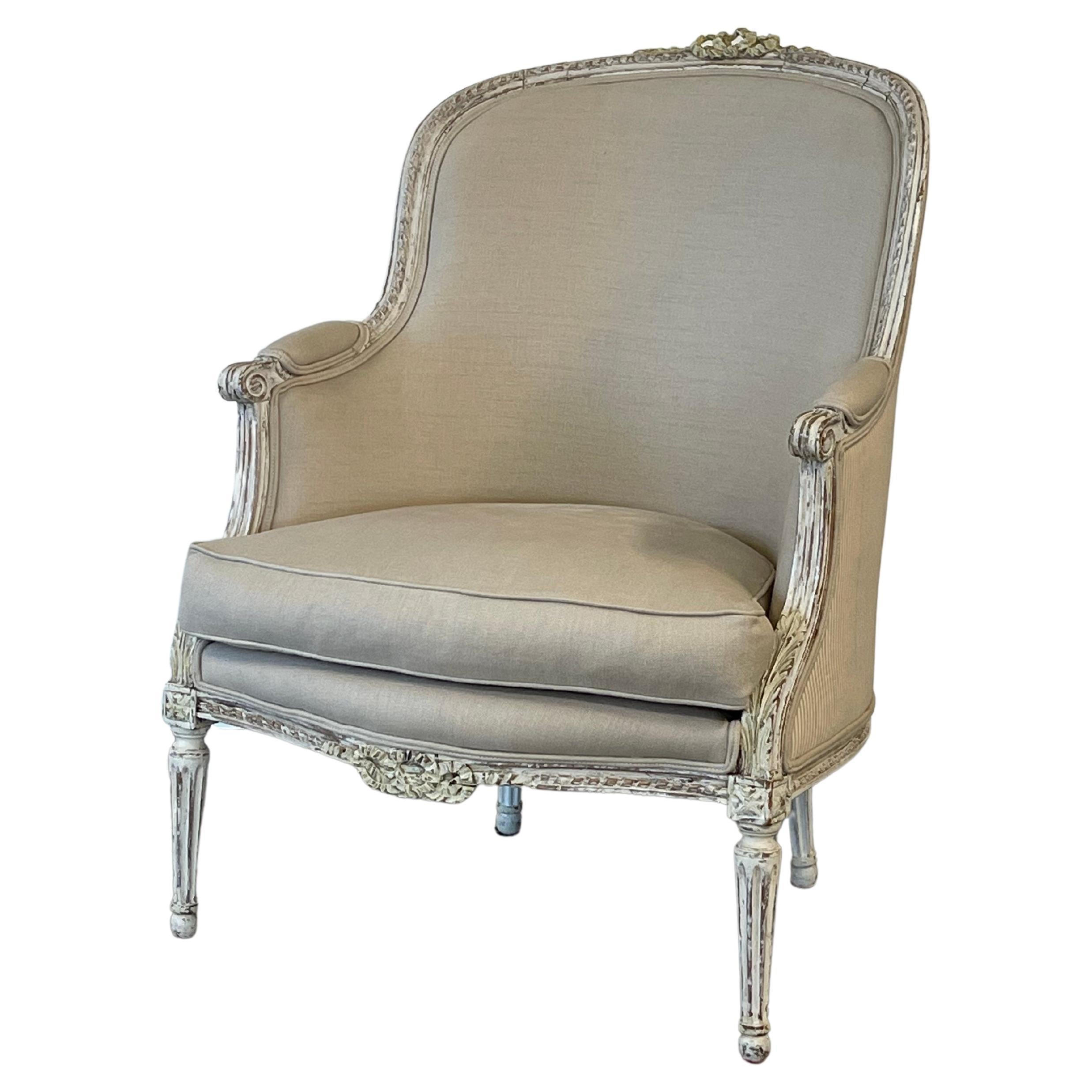French Louis XVI Style Upholstered Bergère Chair, 19th Century For Sale