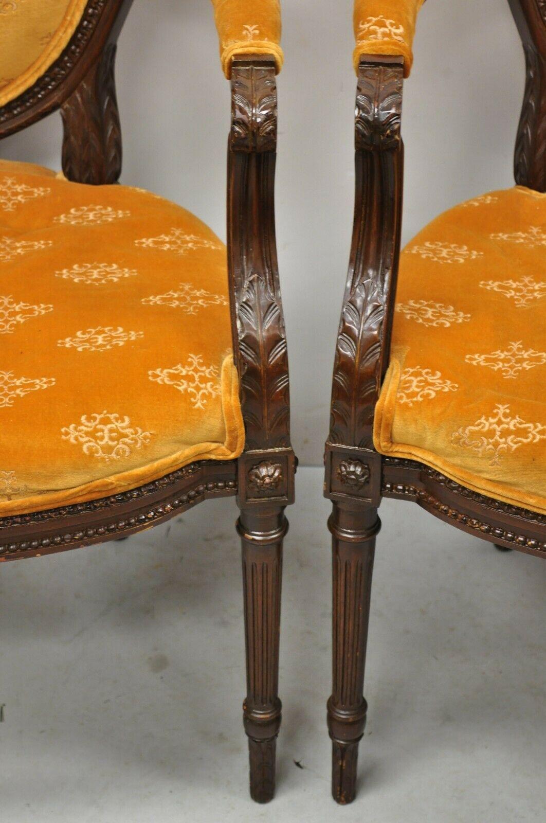 French Louis XVI Style Upholstered Oval Back Dining Arm Chairs - a Pair In Distressed Condition In Philadelphia, PA