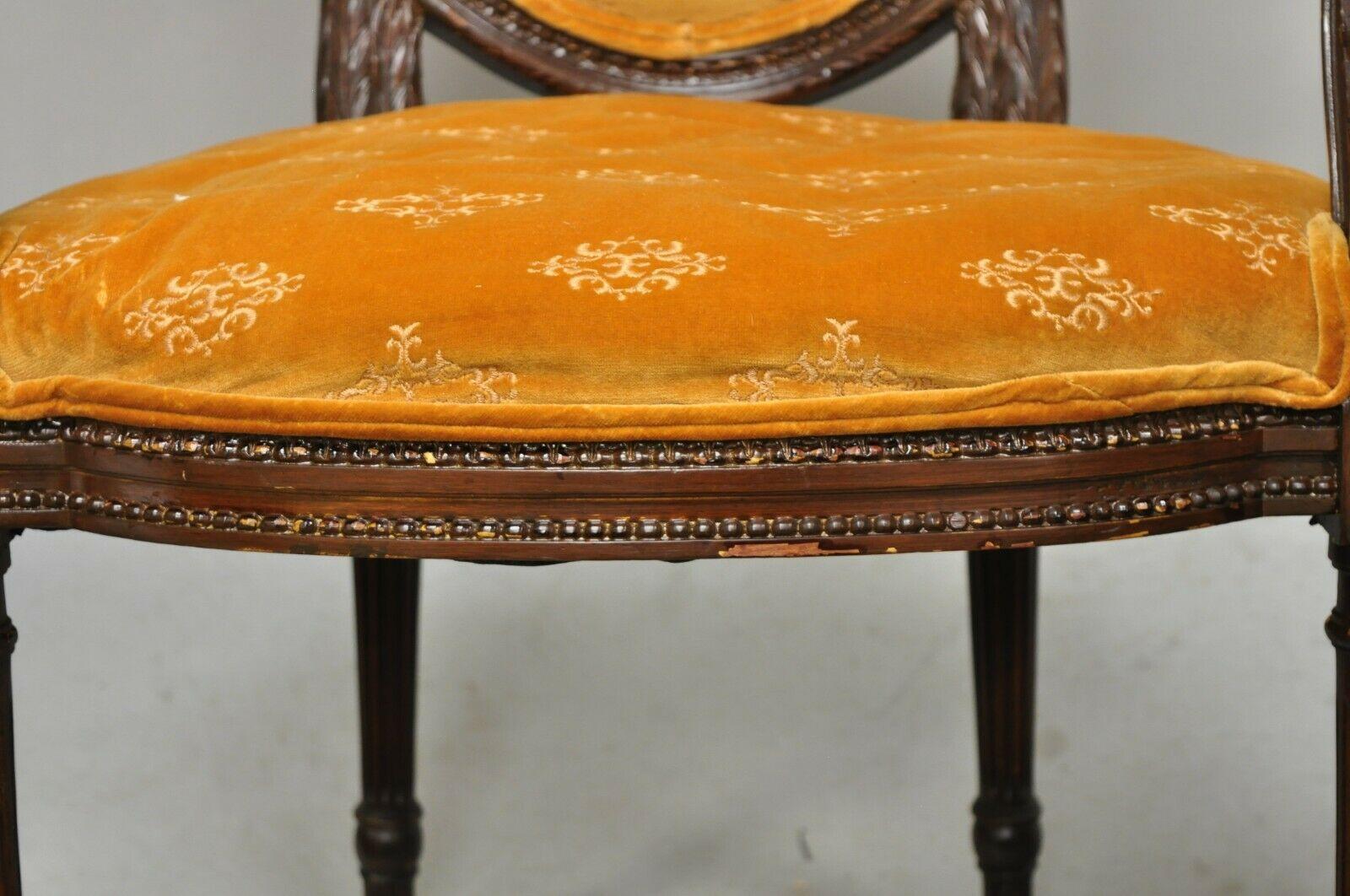 French Louis XVI Style Upholstered Oval Back Dining Arm Chairs - a Pair 2
