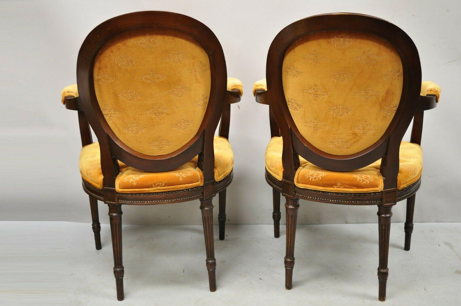 French Louis XVI Style Upholstered Oval Back Dining Arm Chairs - a Pair 3