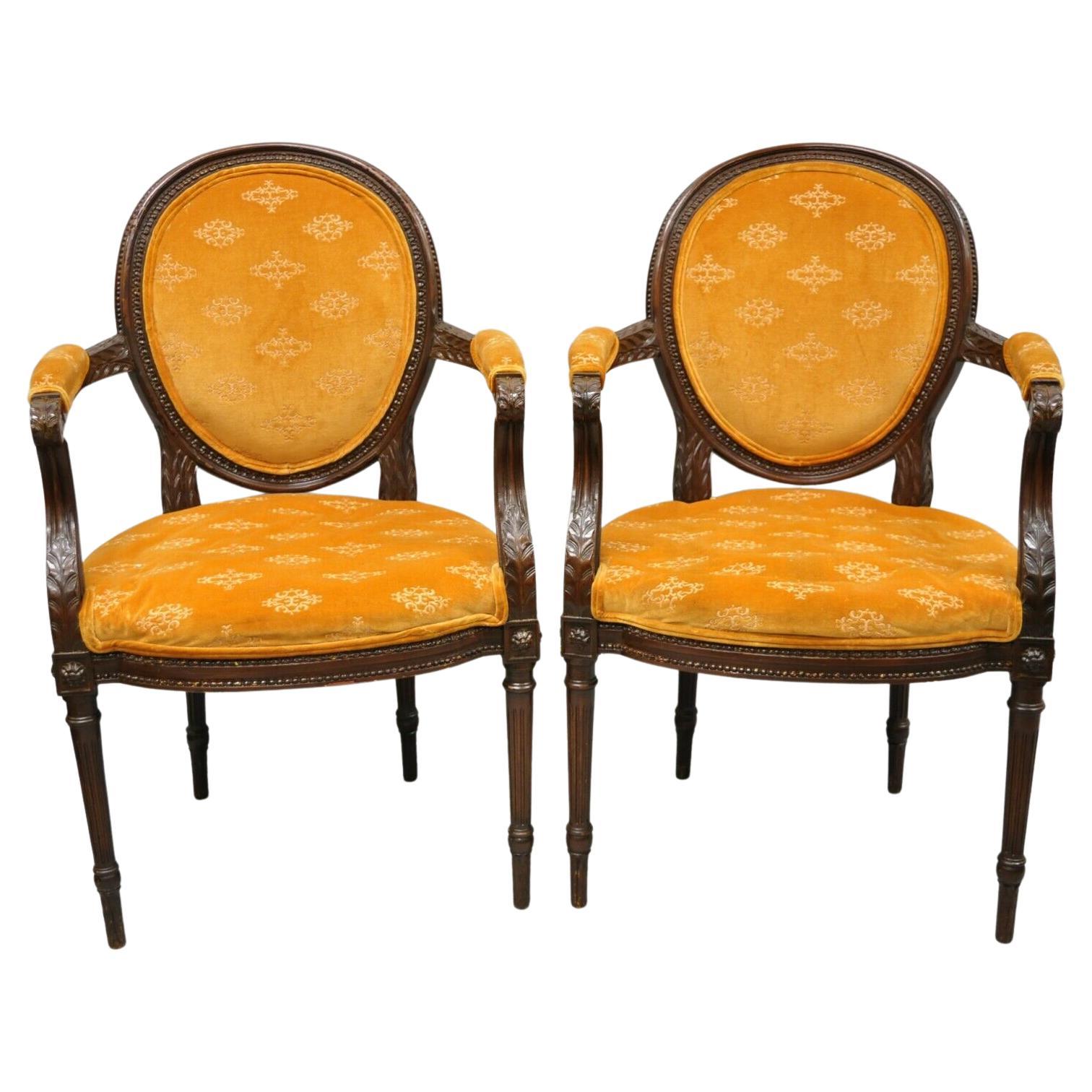 French Louis XVI Style Upholstered Oval Back Dining Arm Chairs - a Pair