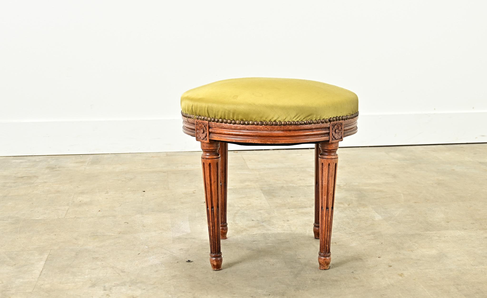 Brass French Louis XVI Style Upholstered Stool For Sale
