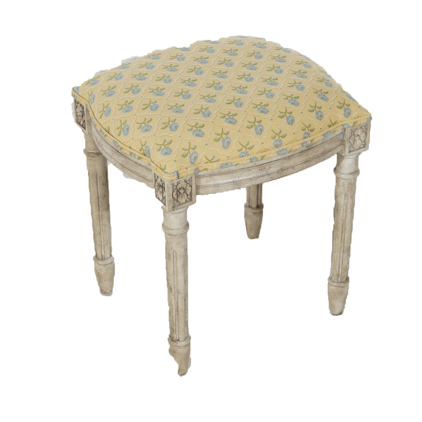 French Louis XVI Style Upholstered Vanity Stool with Rosettes & Tapered Reeded Legs, 20thC

Measures- 19''H x 17''W x 17''D