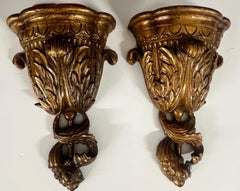 French Louis XVI Style Urn Form with Acanthus Motifs Gilded Wall Bracket, a Pair
