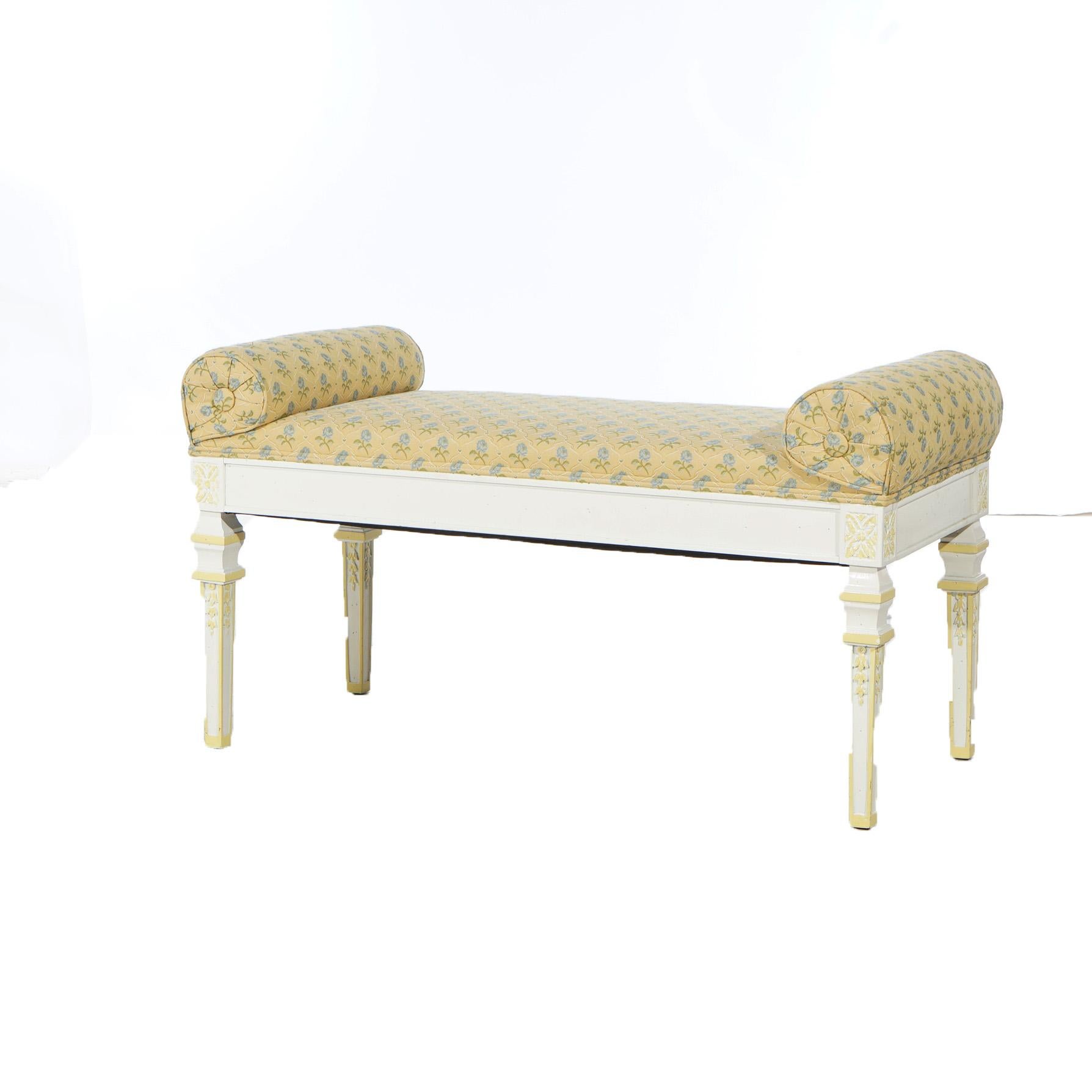 ***Ask About Reduced In-House Shipping Rates - Reliable Service & Fully Insured***
A French Louis XVI style vanity bench offers upholstered cushion with scroll form sides over painted wood frame with rosettes and inverted bellflowers, raised on