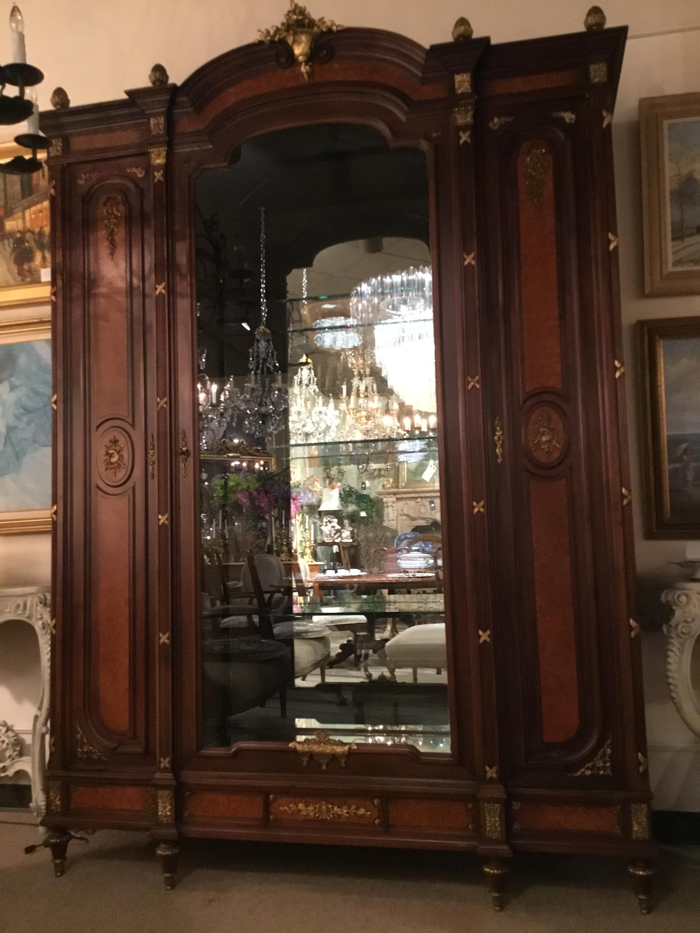 Louis XV Exceptional French  Cabinet 19th C, Marquetry Inlay 3-Door display glass shelves For Sale