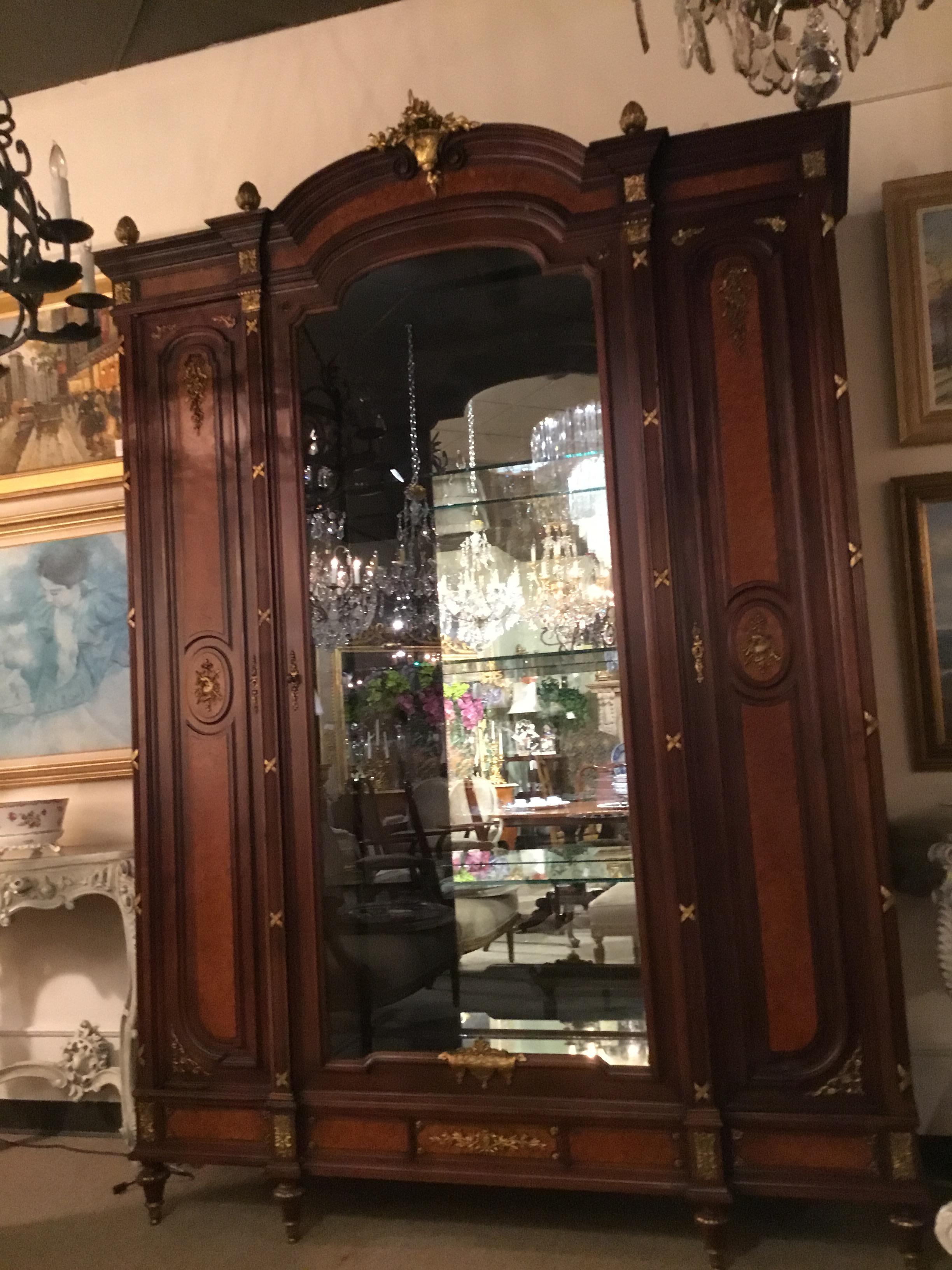 19th Century Exceptional French  Cabinet 19th C, Marquetry Inlay 3-Door display glass shelves For Sale