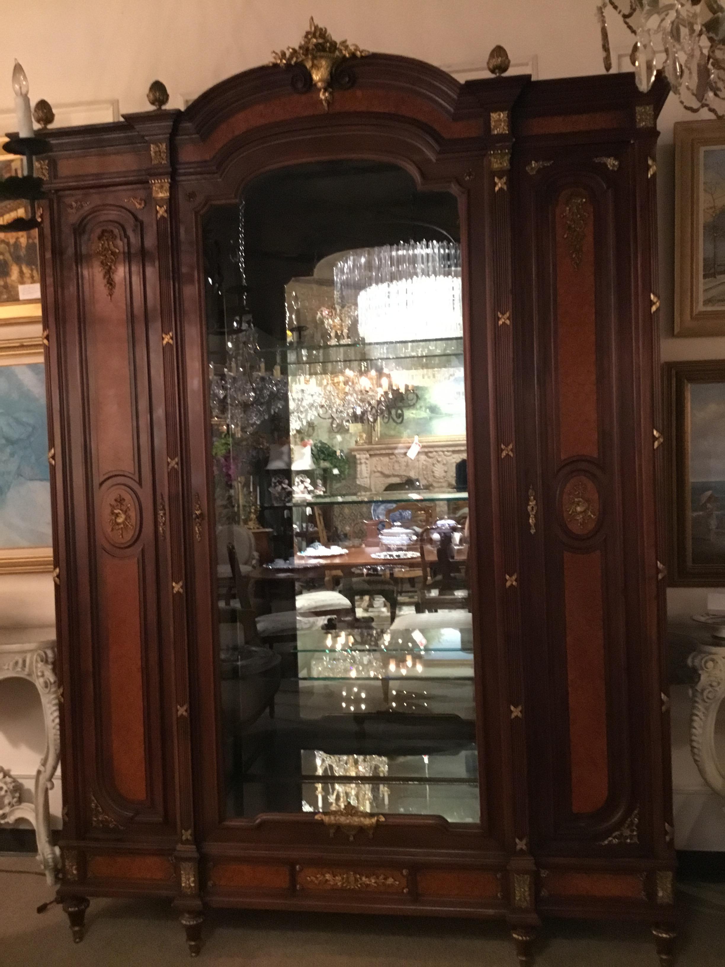 Walnut Exceptional French  Cabinet 19th C, Marquetry Inlay 3-Door display glass shelves For Sale