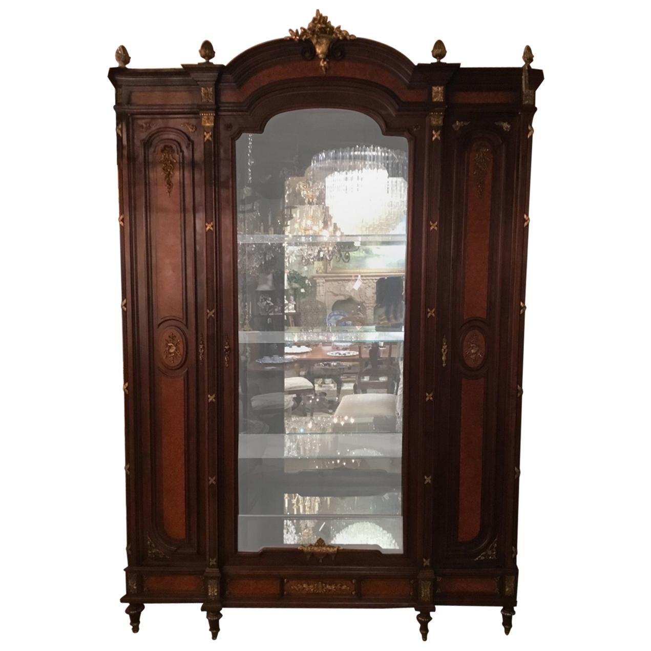 Exceptional French  Cabinet 19th C, Marquetry Inlay 3-Door display glass shelves For Sale