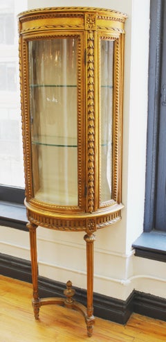 French Louis XVI Style Wall-Mounted Carved Giltwood Vitrine Display Cabinet