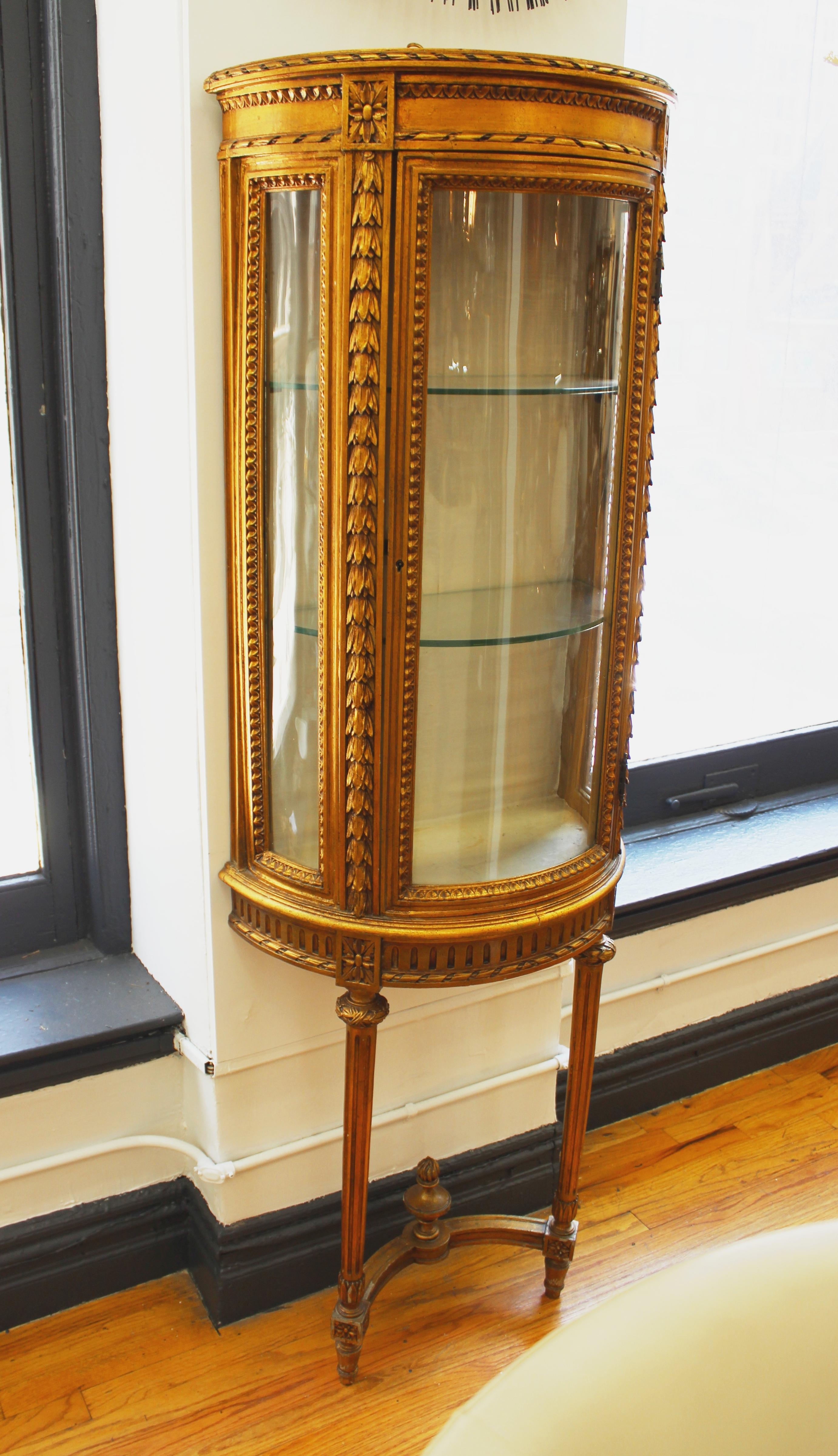 European French Louis XVI Style Wall-Mounted Carved Giltwood Vitrine Display Cabinet
