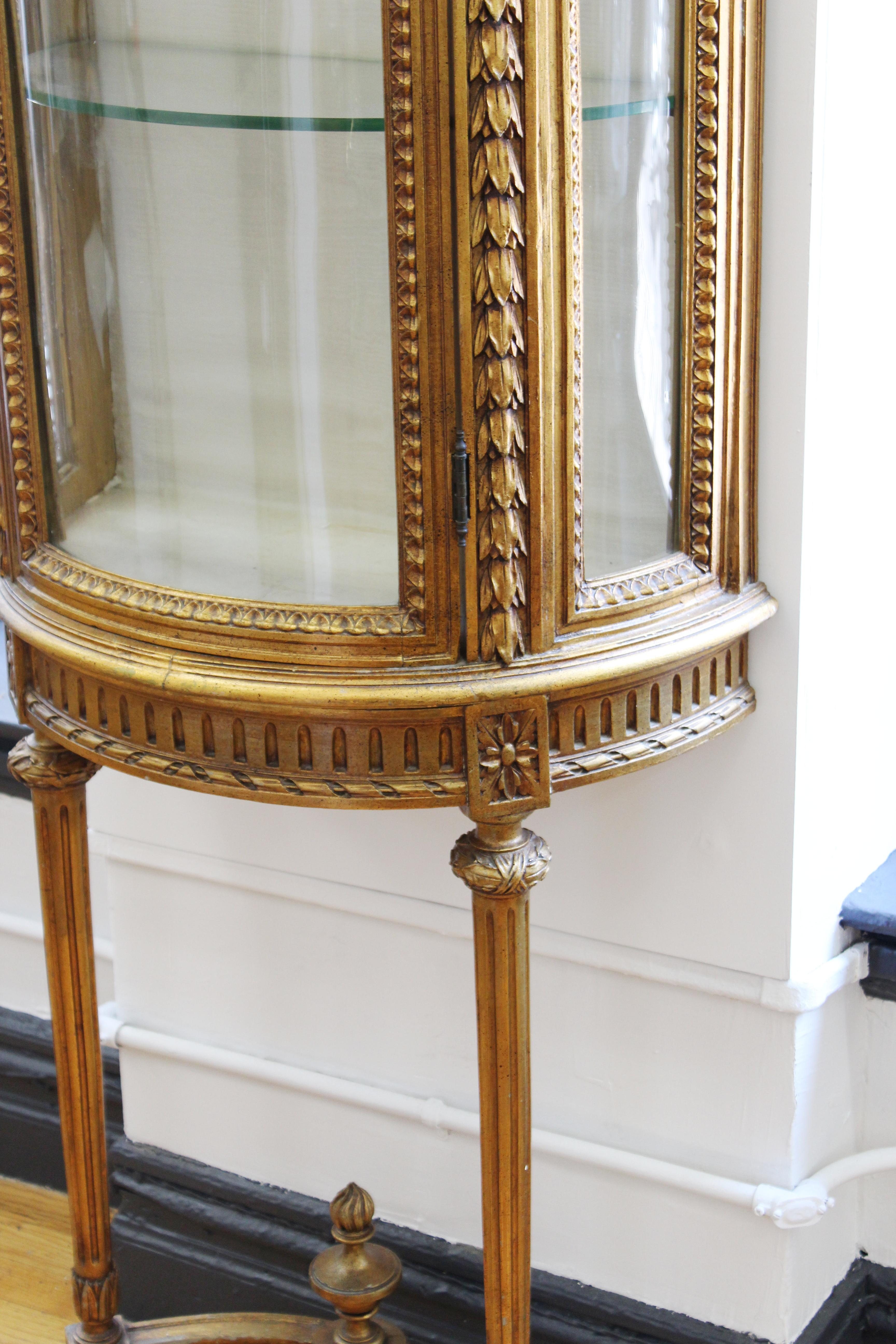 20th Century French Louis XVI Style Wall-Mounted Carved Giltwood Vitrine Display Cabinet