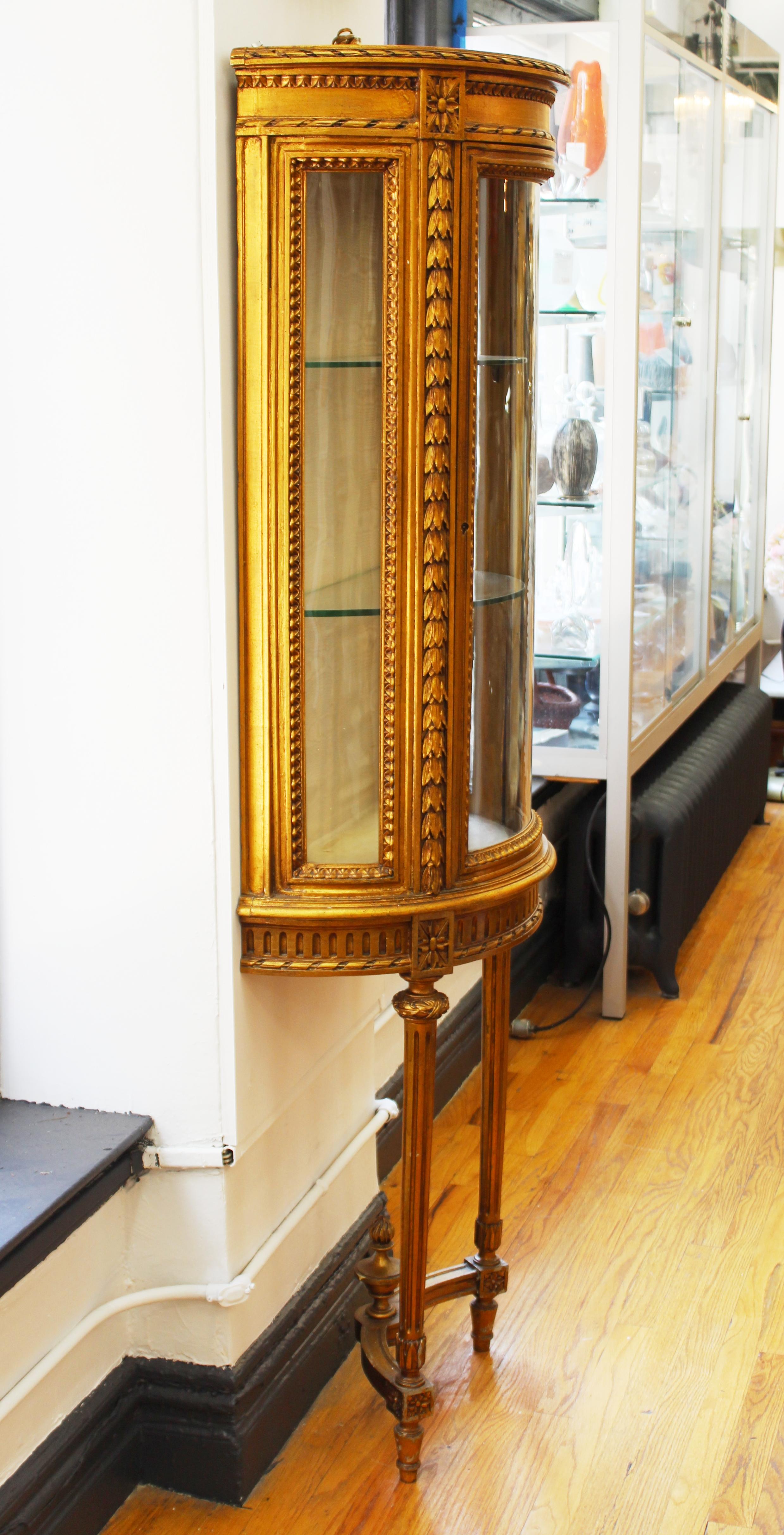 French Louis XVI Style Wall-Mounted Carved Giltwood Vitrine Display Cabinet 1