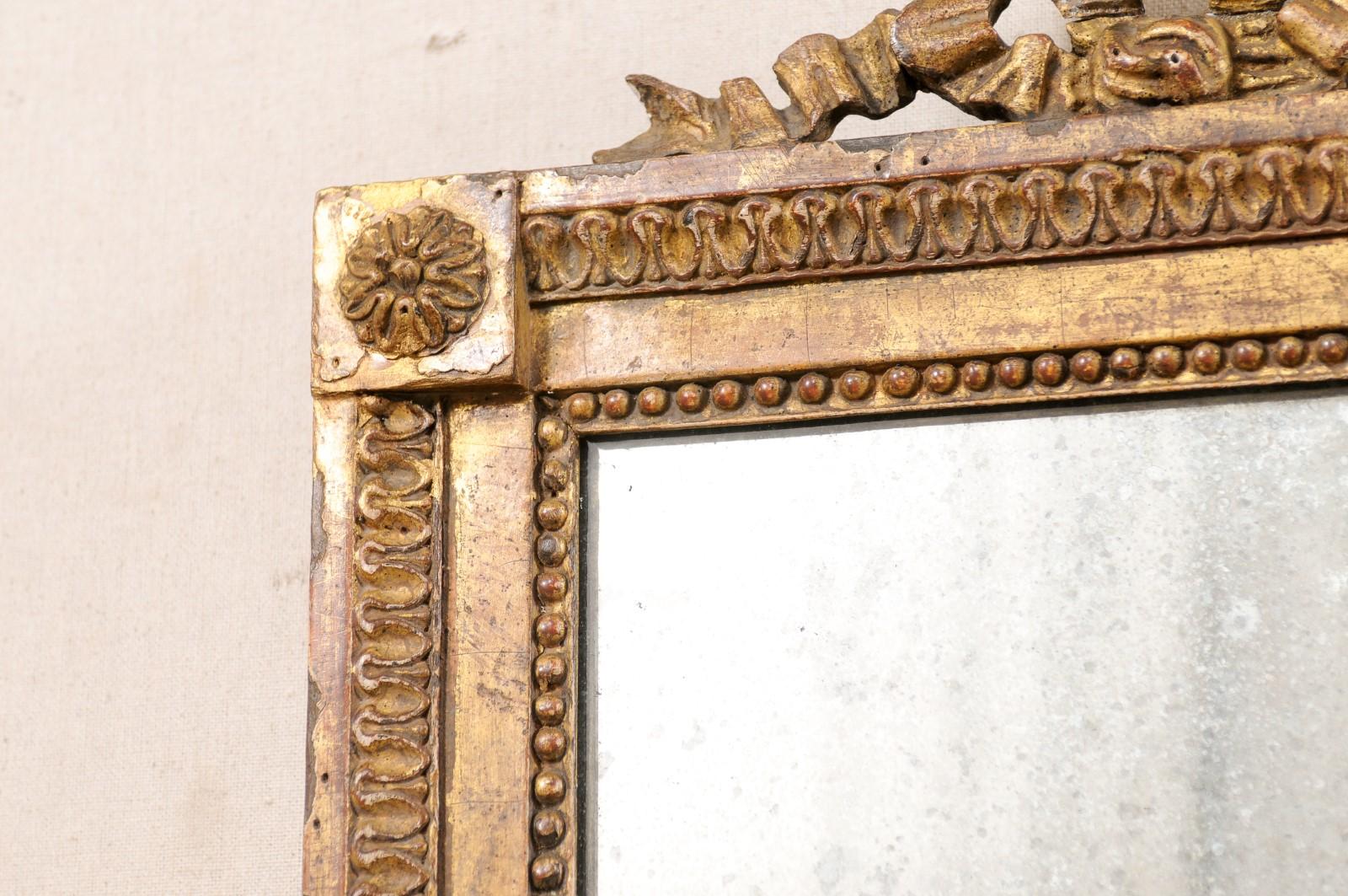 French Louis XVI Style WallPanel Mirror W/Carved Ribbon Crest, Early