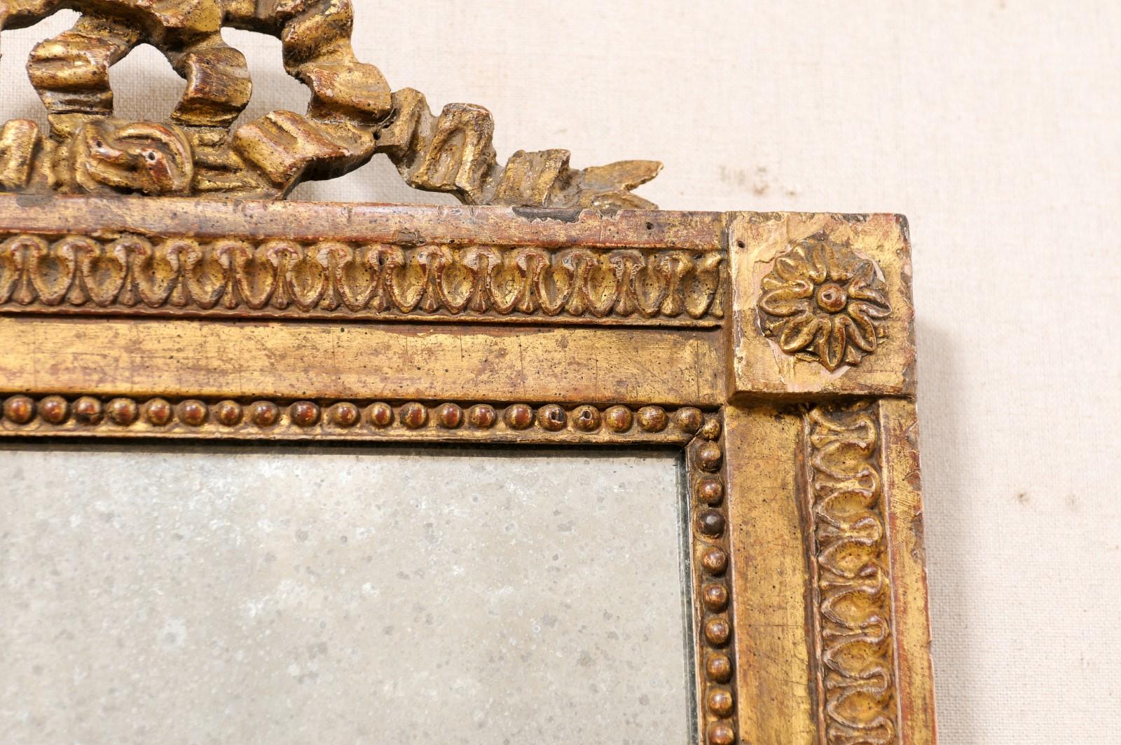 French Louis XVI Style WallPanel Mirror W/Carved Ribbon Crest, Early