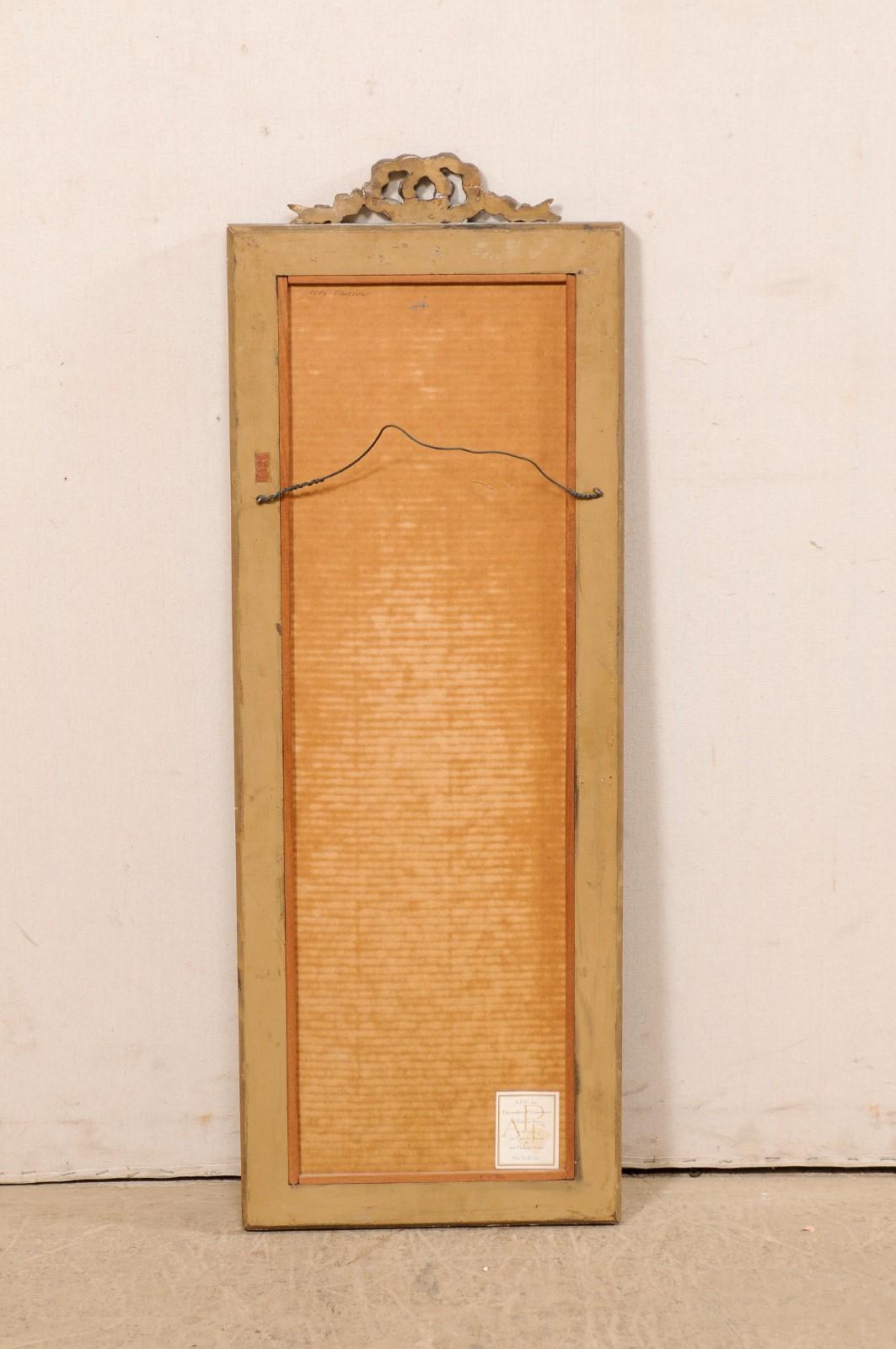 French Louis XVI Style WallPanel Mirror W/Carved Ribbon Crest, Early