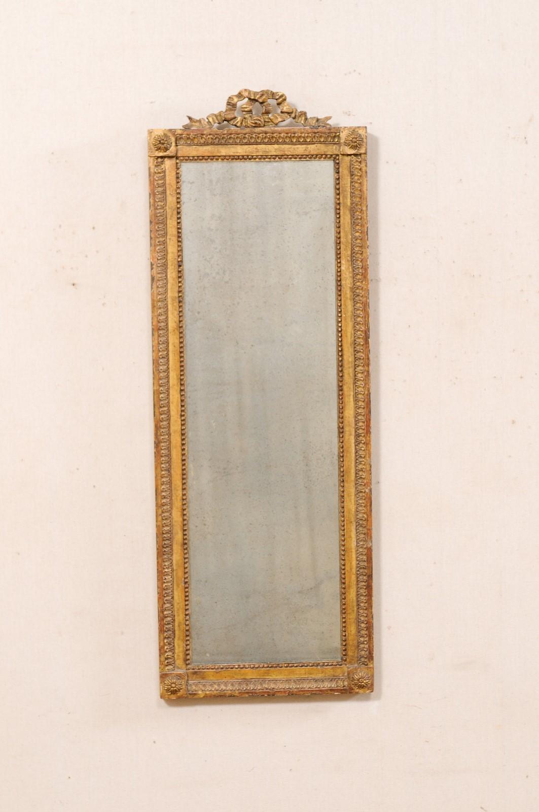 French Louis XVI Style WallPanel Mirror W/Carved Ribbon Crest, Early