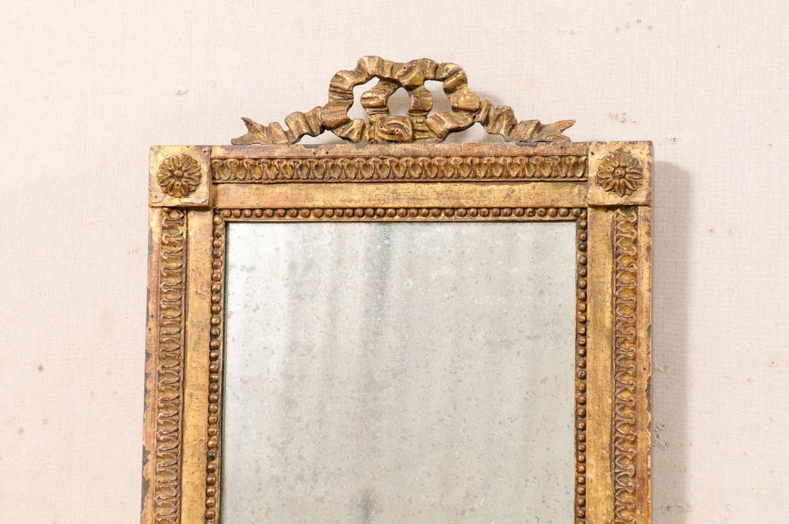 French Louis XVI Style WallPanel Mirror W/Carved Ribbon Crest, Early