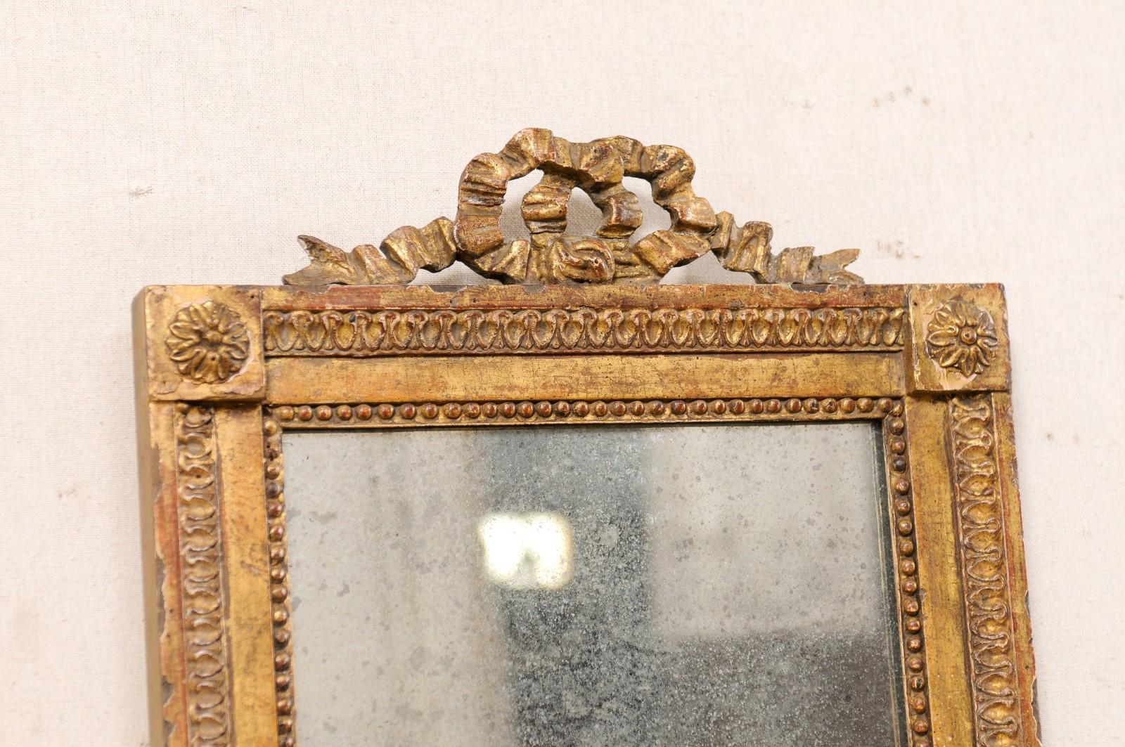 French Louis XVI Style WallPanel Mirror W/Carved Ribbon Crest, Early