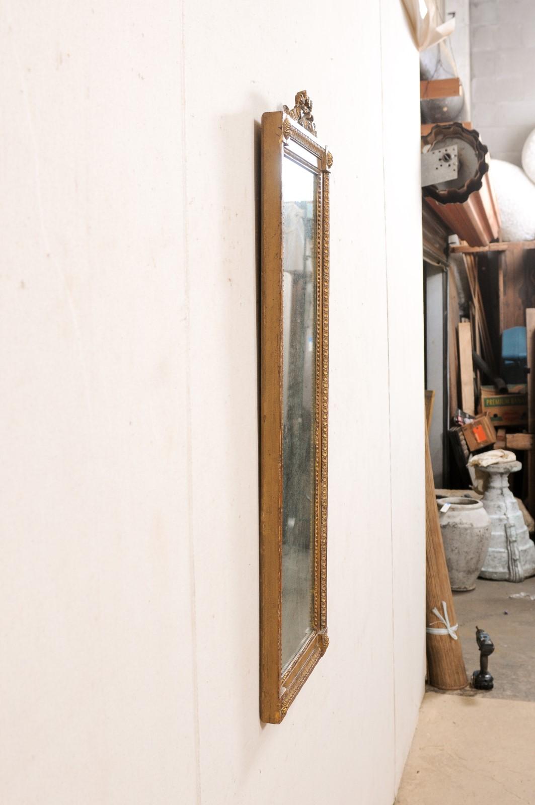 French Louis XVI Style WallPanel Mirror W/Carved Ribbon Crest, Early