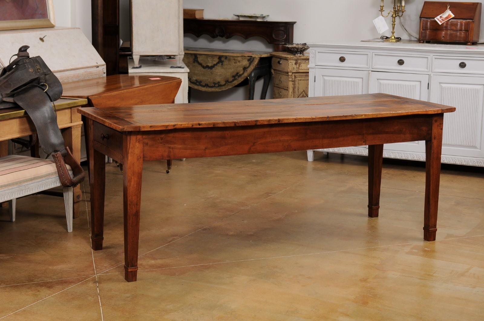 French Louis XVI Style Walnut and Elm Table with Lateral Drawer and Tapered Legs In Good Condition In Atlanta, GA