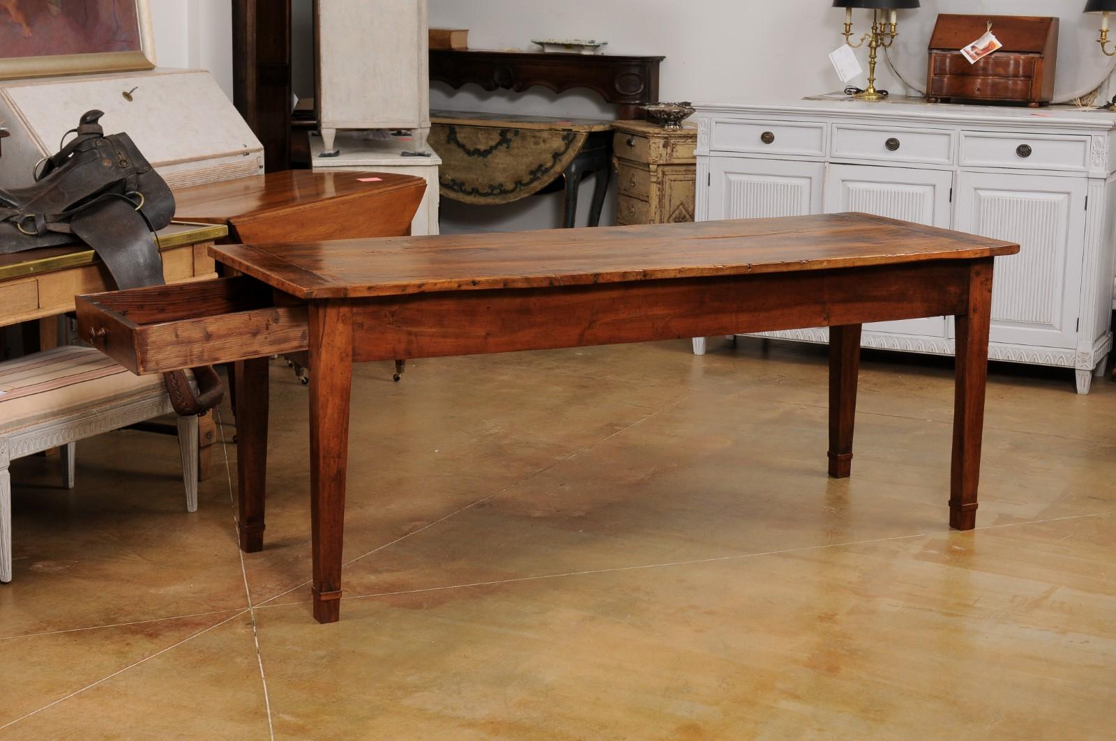 French Louis XVI Style Walnut and Elm Table with Lateral Drawer and Tapered Legs 1