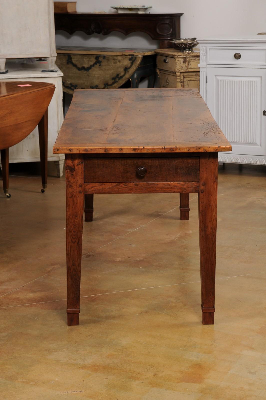 French Louis XVI Style Walnut and Elm Table with Lateral Drawer and Tapered Legs 4