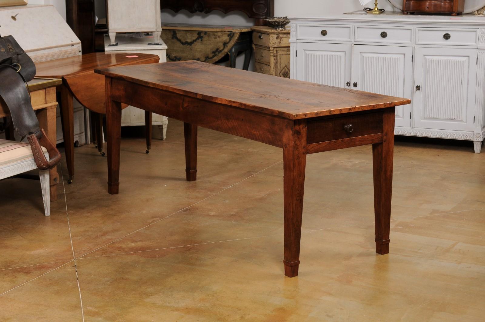 French Louis XVI Style Walnut and Elm Table with Lateral Drawer and Tapered Legs 5