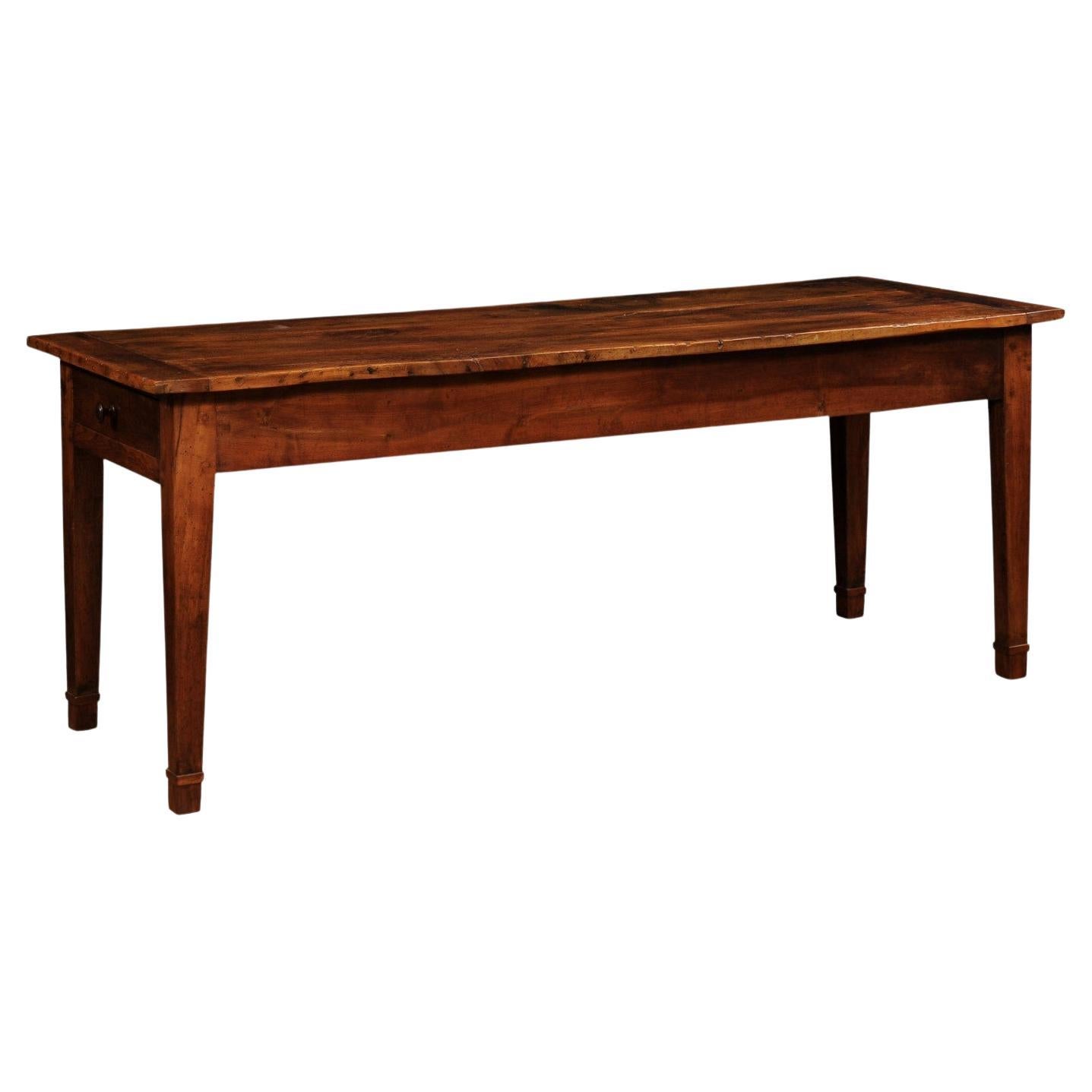 French Louis XVI Style Walnut and Elm Table with Lateral Drawer and Tapered Legs