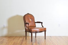 French Louis XVI Style Walnut and Leather Upholstered Fauteuil, 19th Century
