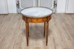 French Louis XVI Style Walnut Bouillotte Table with Marble Top and Brass Gallery