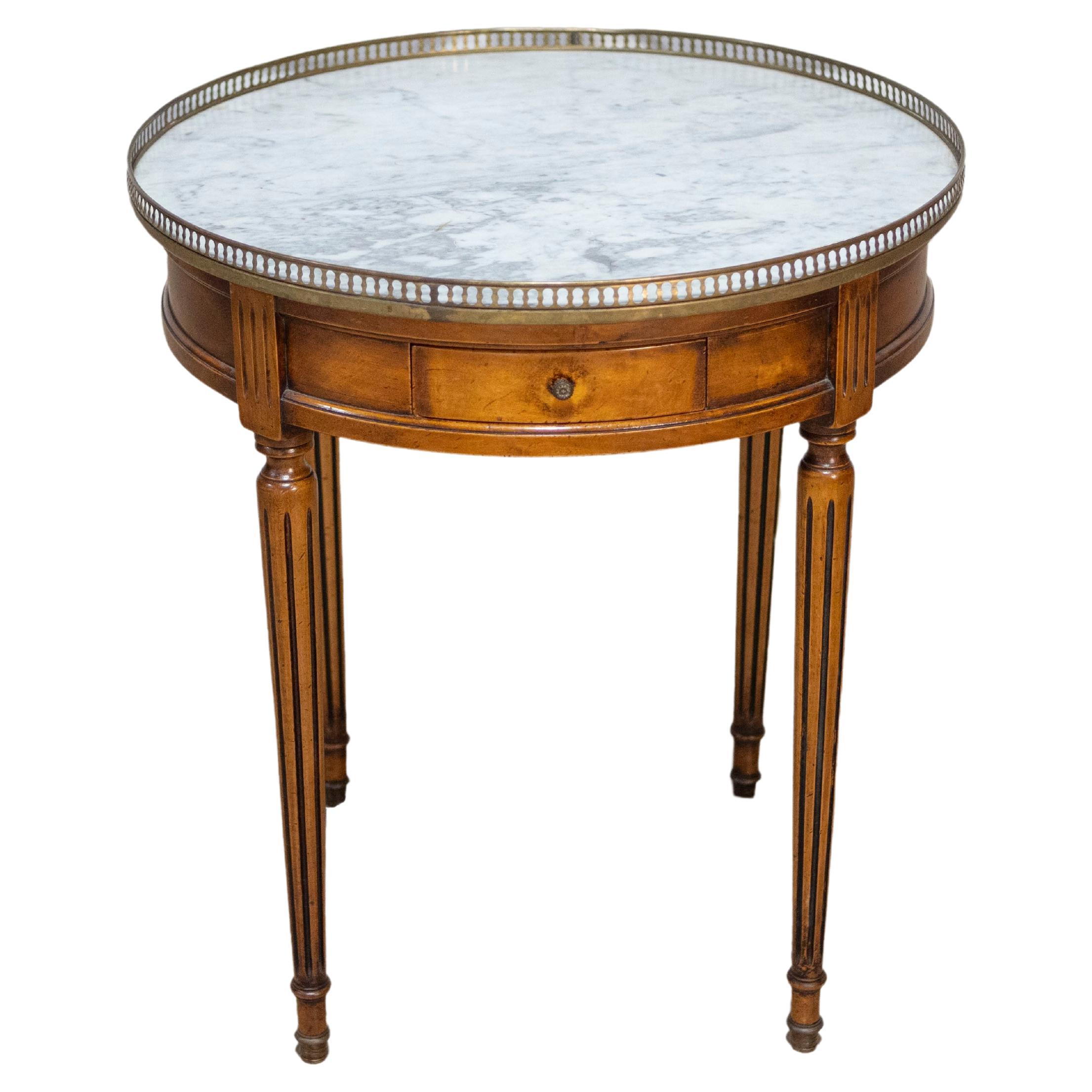 French Louis XVI Style Walnut Bouillotte Table with Marble Top and Brass Gallery