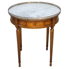 French Louis XVI Style Walnut Bouillotte Table with Marble Top and Brass Gallery