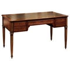 Antique French Louis XVI Style Walnut and Brass Inlaid Desk, Early 20th Century