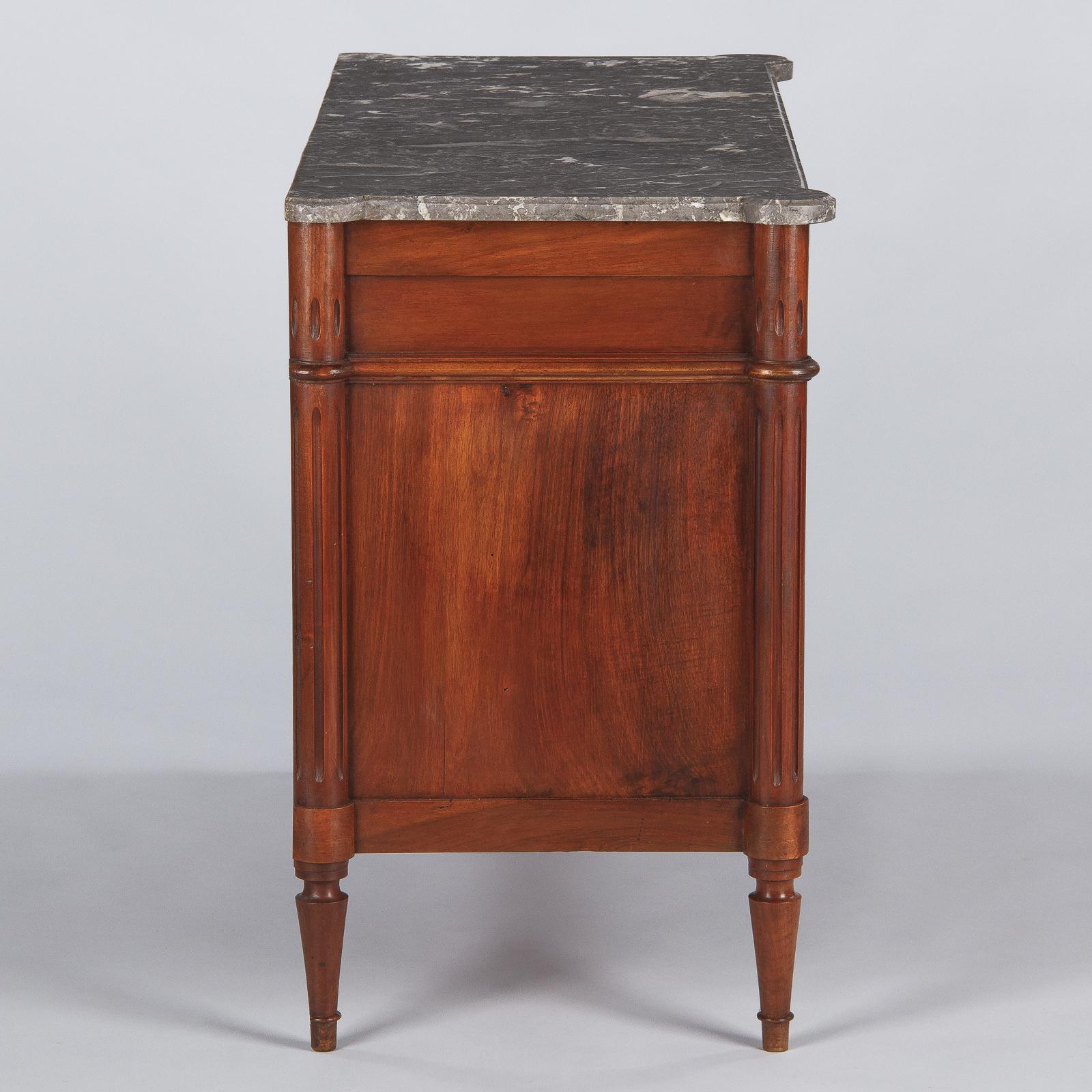 French Louis XVI Style Walnut Chest of Drawers with Marble Top, Late 1800s 8