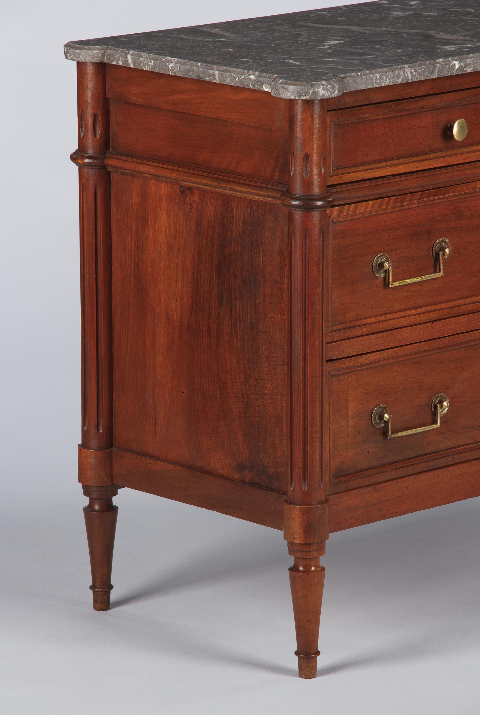 French Louis XVI Style Walnut Chest of Drawers with Marble Top, Late 1800s 9