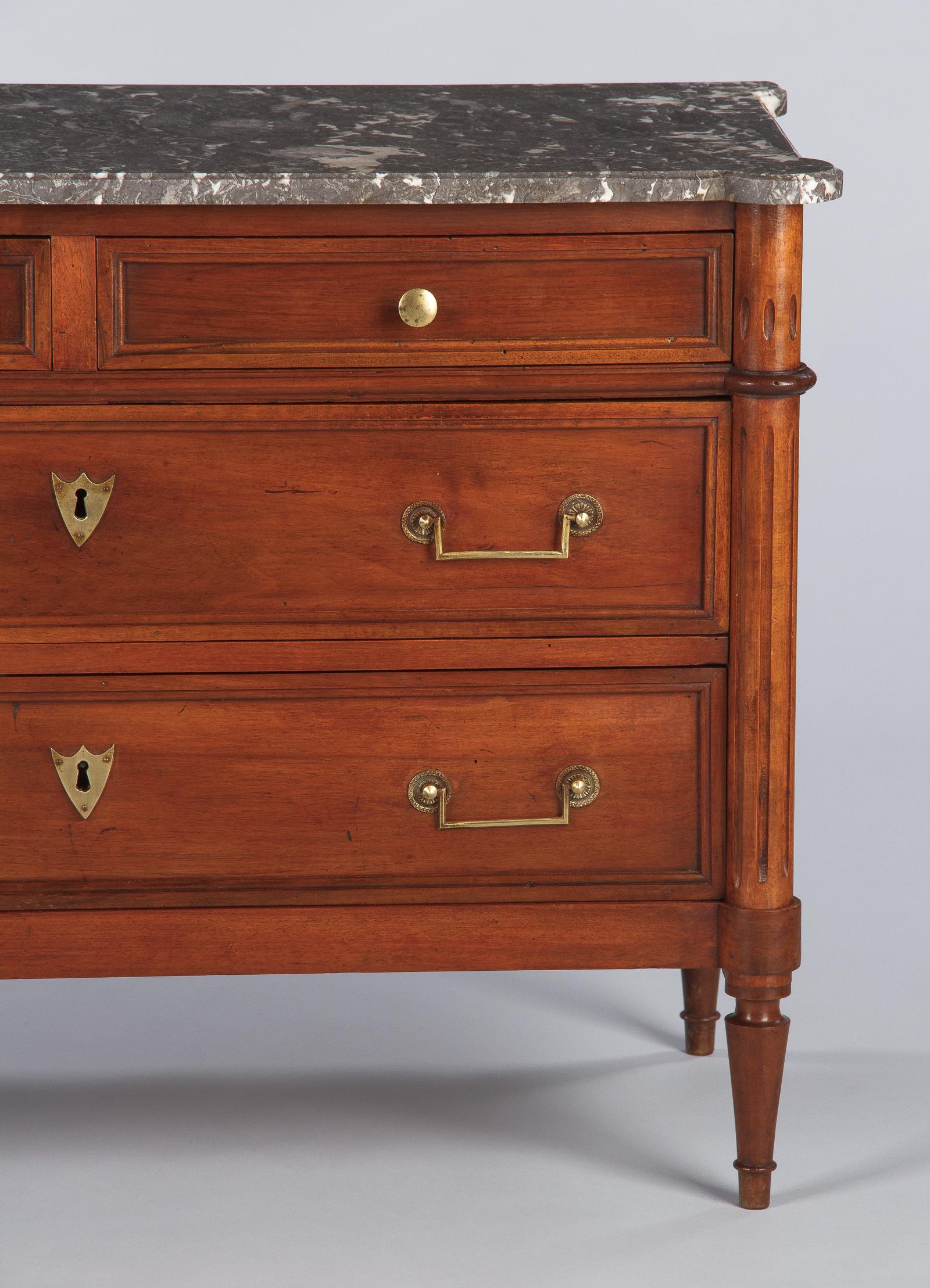 French Louis XVI Style Walnut Chest of Drawers with Marble Top, Late 1800s 10